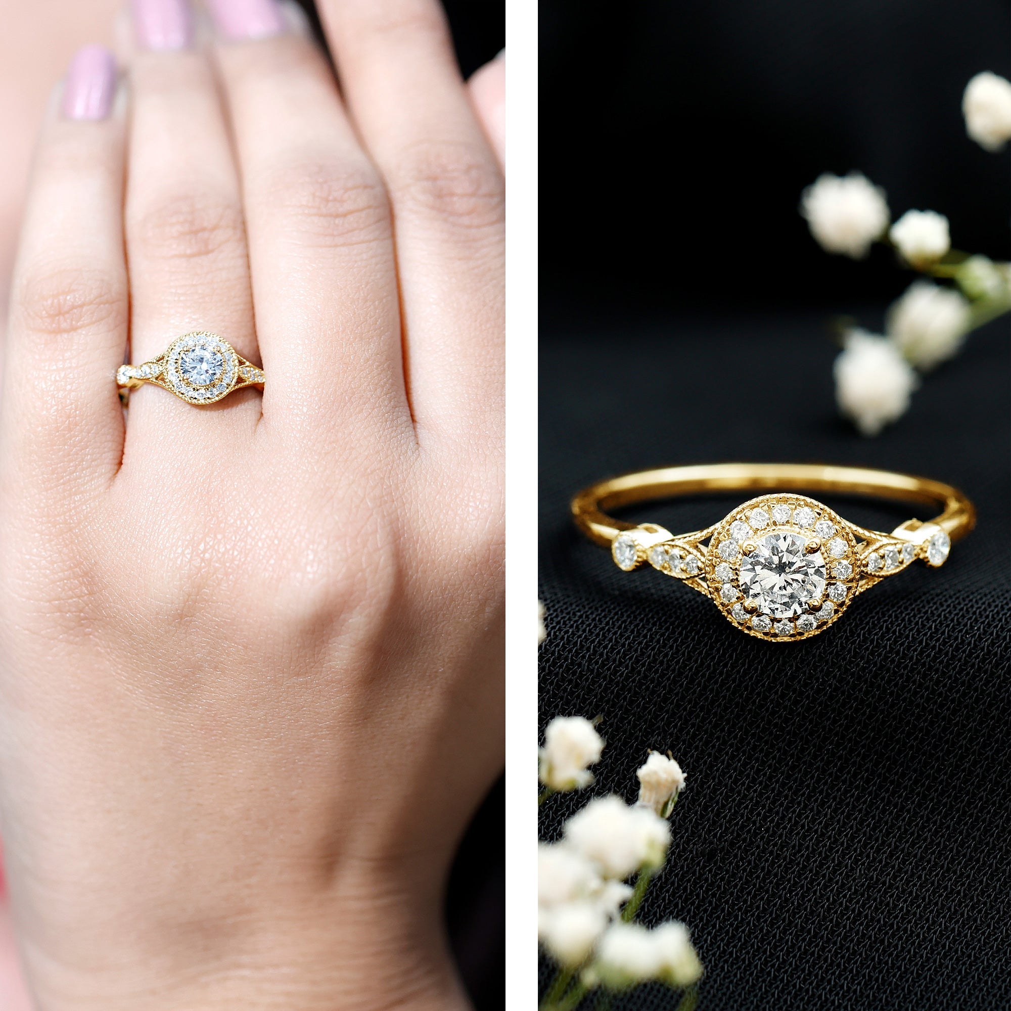 Antique Inspired Zircon Halo Engagement Ring