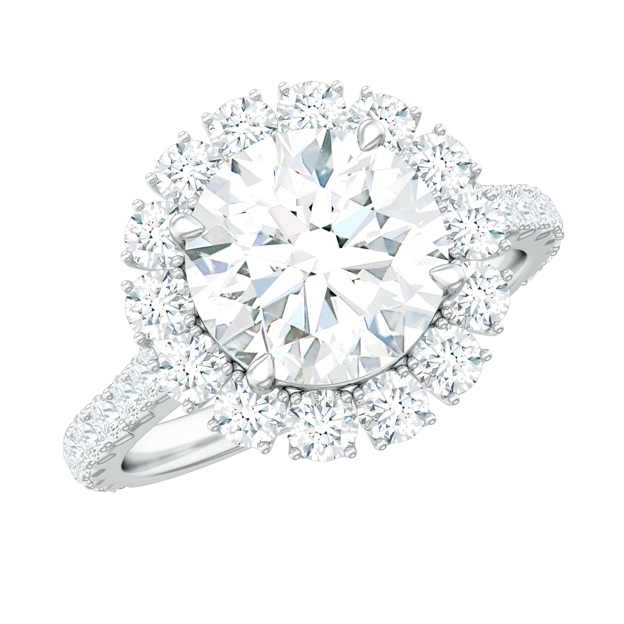 Zircon Round Engagement Ring with Floating Halo and Side Stones