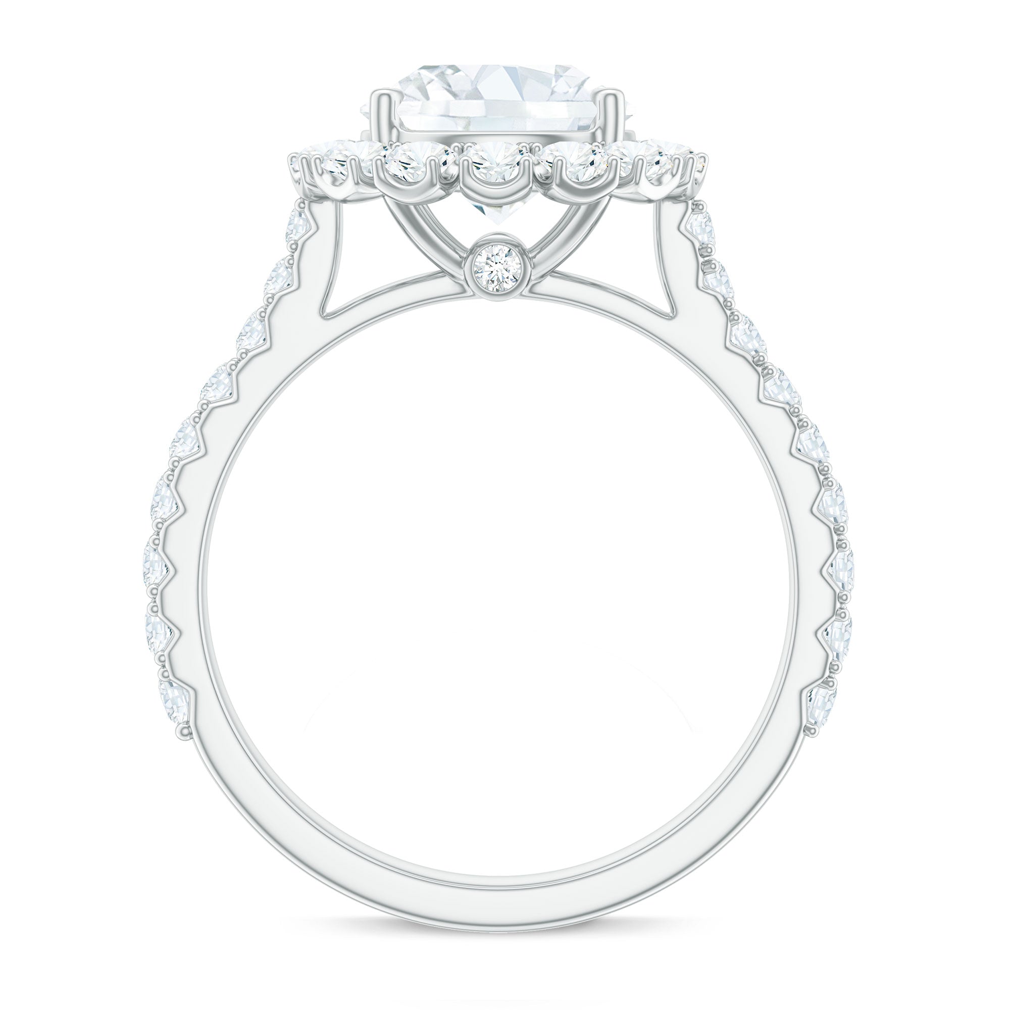Zircon Round Engagement Ring with Floating Halo and Side Stones