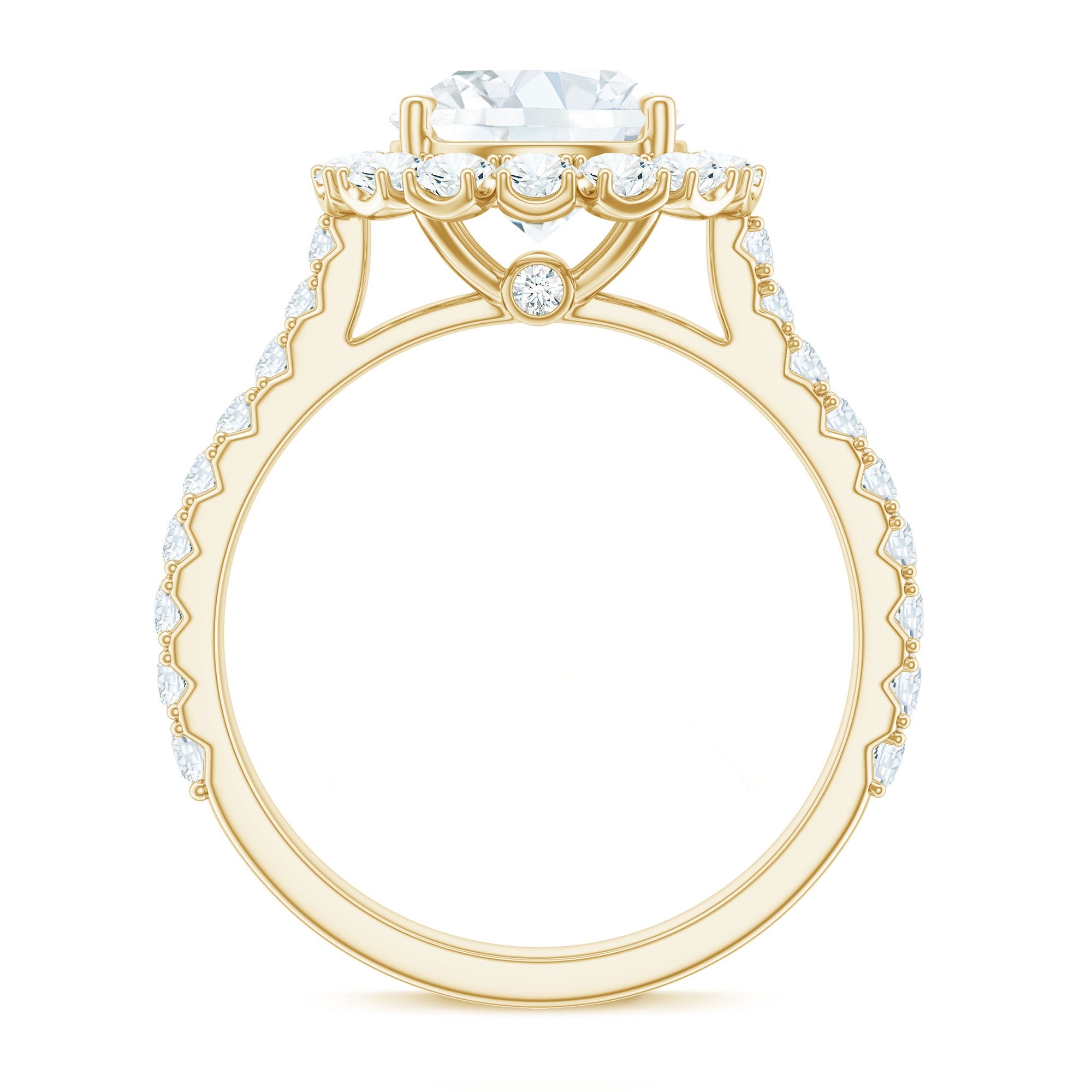 Zircon Round Engagement Ring with Floating Halo and Side Stones