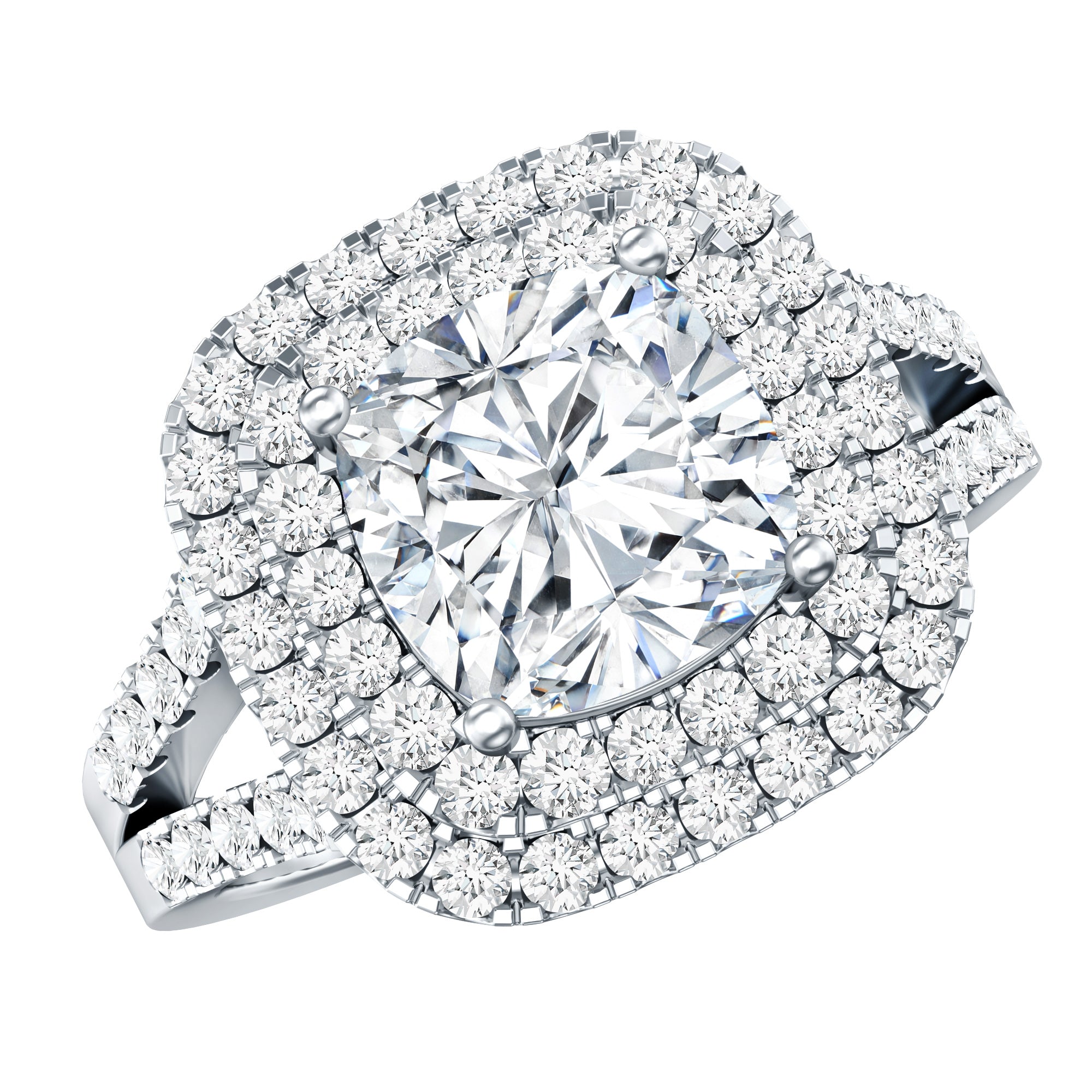 Vintage Style Cubic Zirconia Double Halo Engagement Ring with Split Shank