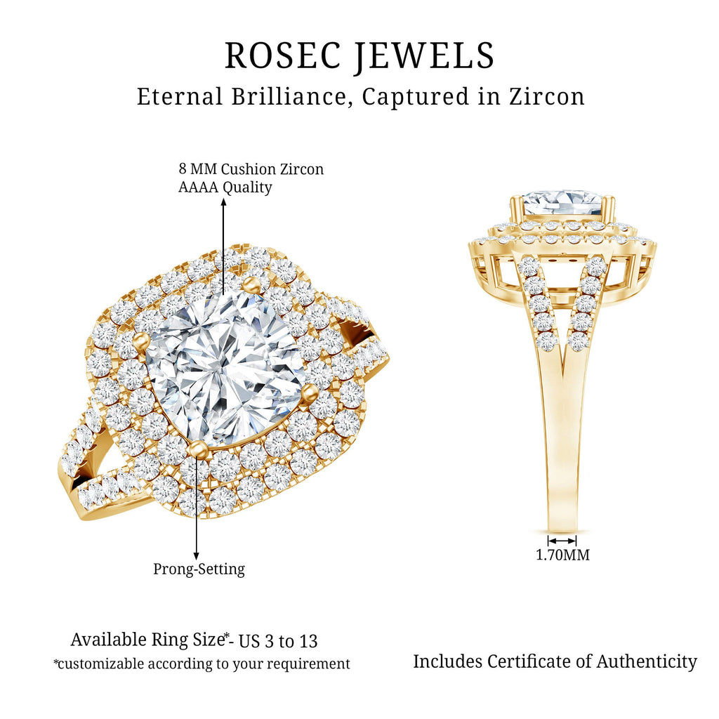 Vintage Style Cubic Zirconia Double Halo Engagement Ring with Split Shank