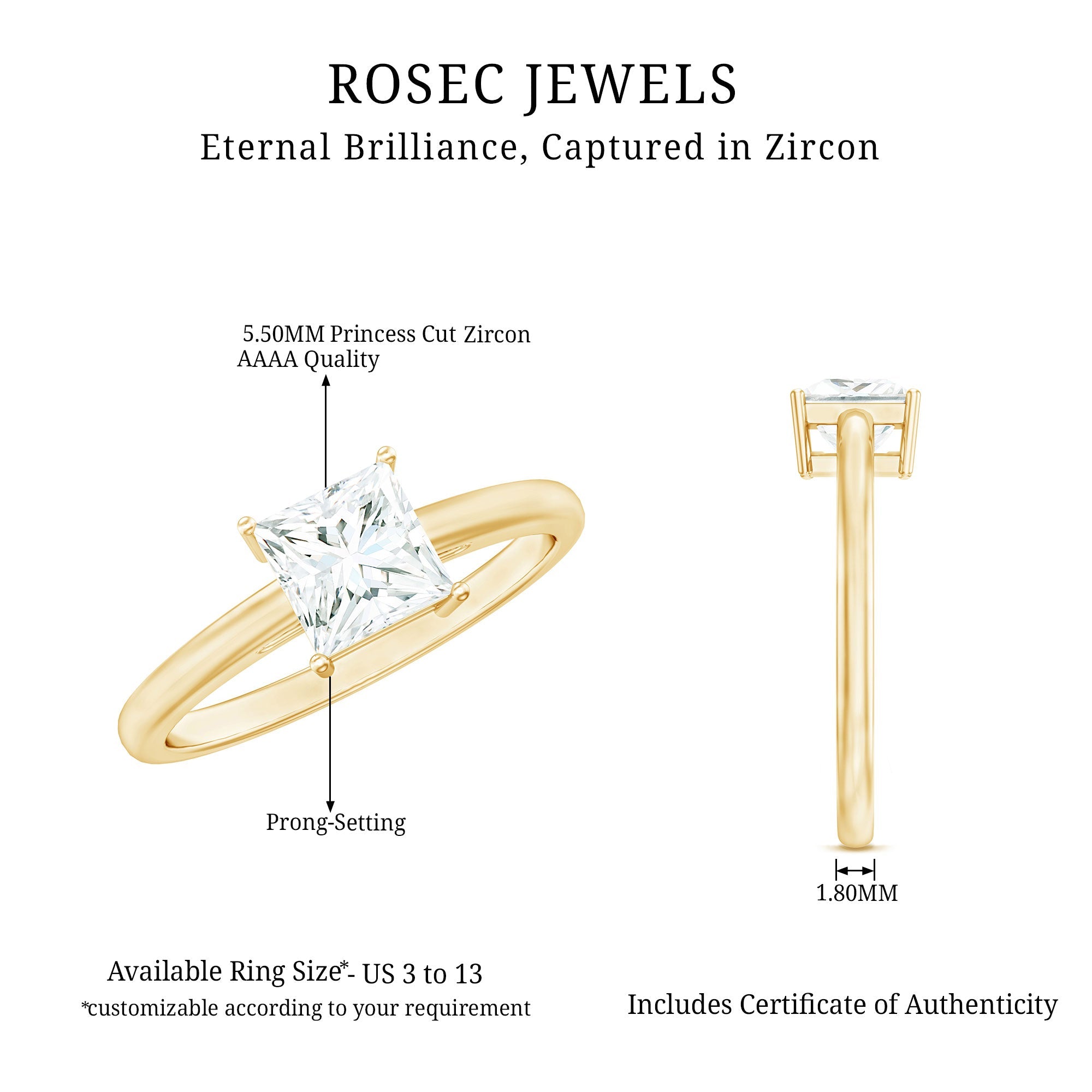 1 Carat Princess Cut Cubic Zirconia Solitaire Engagement Ring with Certificate