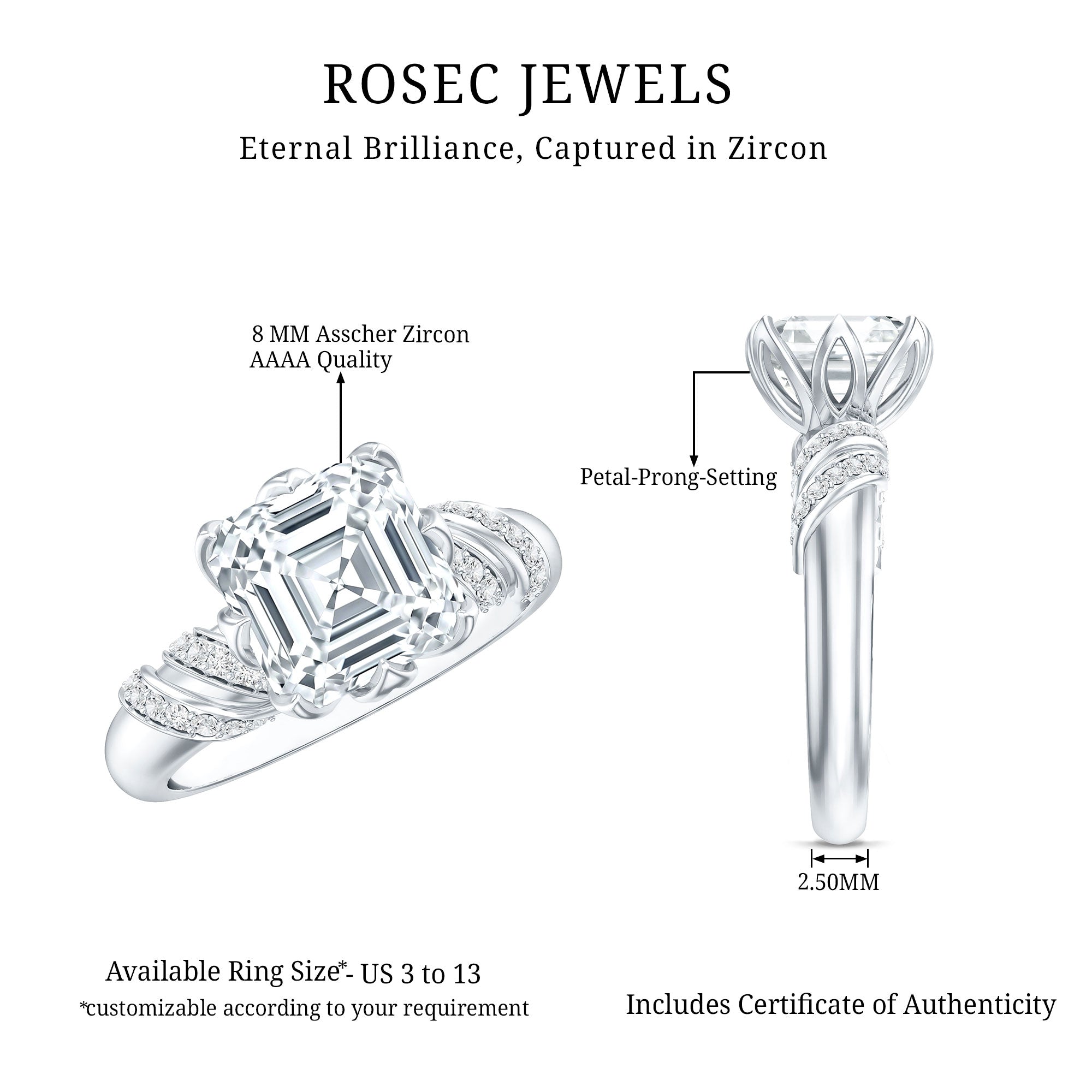 3.5 CT Asscher Zircon Designer Solitaire Engagement Ring in Petal Prong Setting