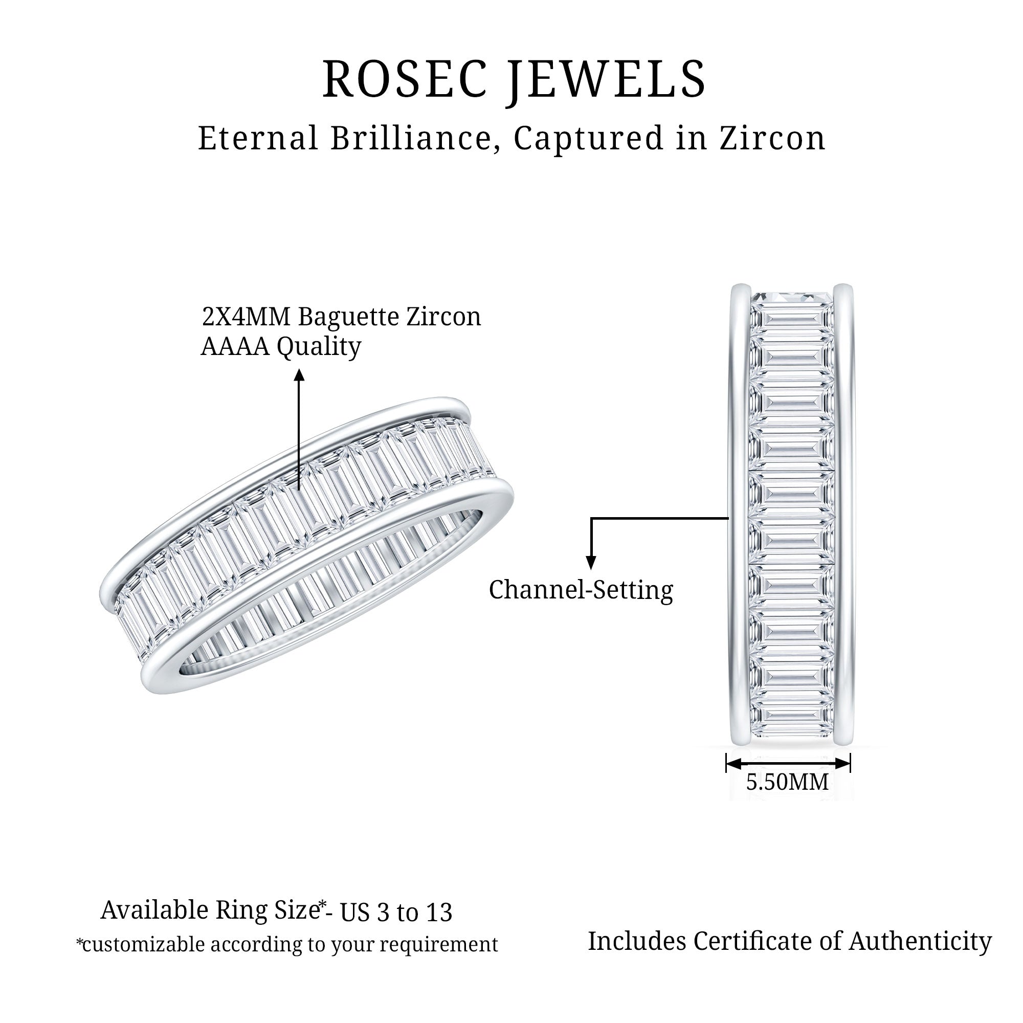 Channel Set Cubic Zirconia Baguette Wedding Band with Certificate