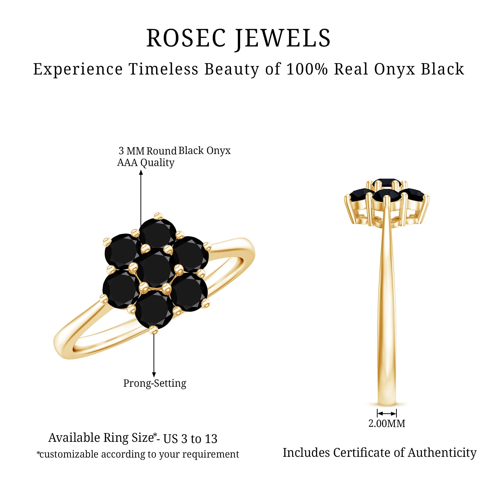 Genuine Black Onyx Flower Engagement Ring With Certificate