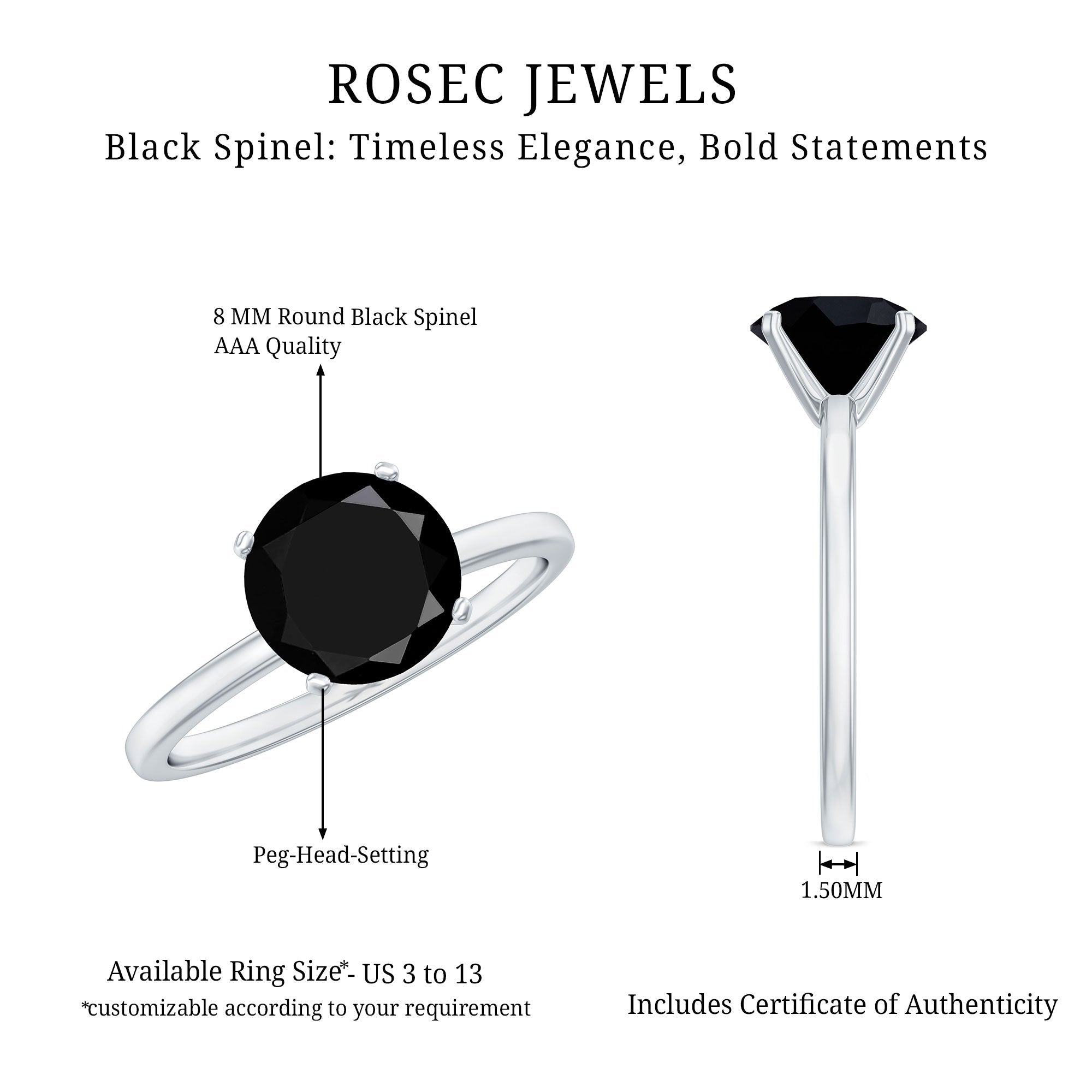 Certified Real 2.5 Carat Black Spinel Solitaire Engagement Ring