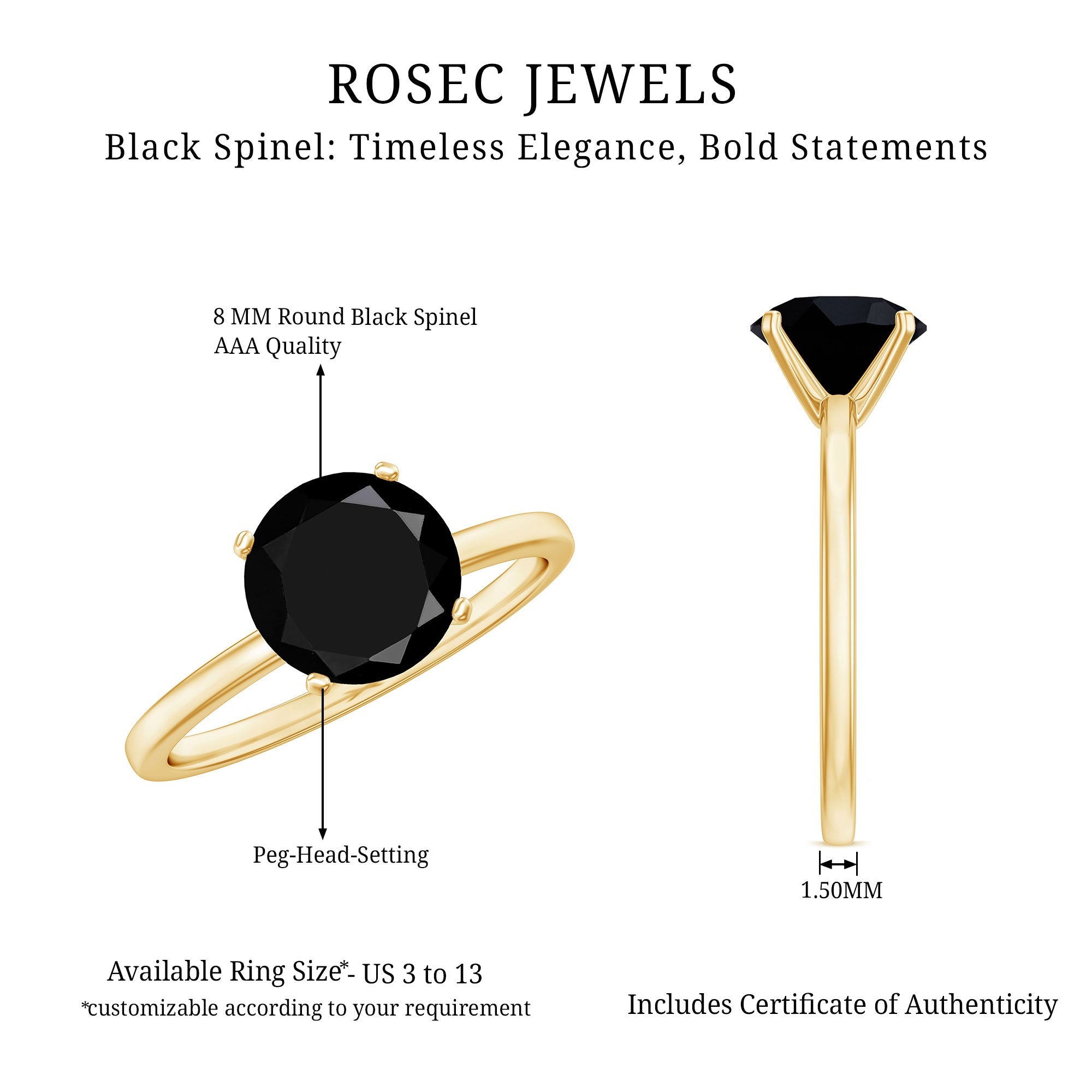 Certified Real 2.5 Carat Black Spinel Solitaire Engagement Ring