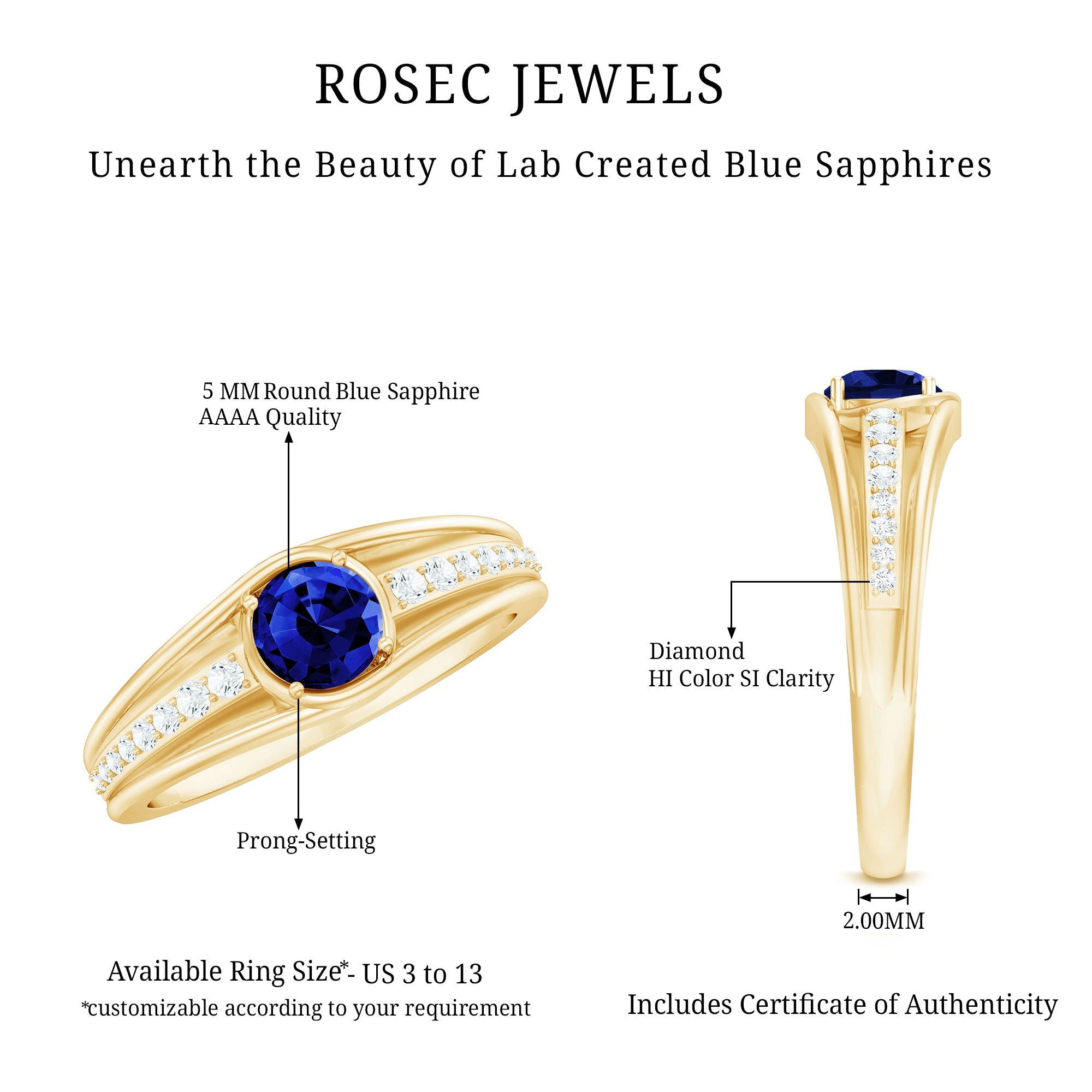 1 CT Created Blue Sapphire and Diamond Classic Engagement Ring