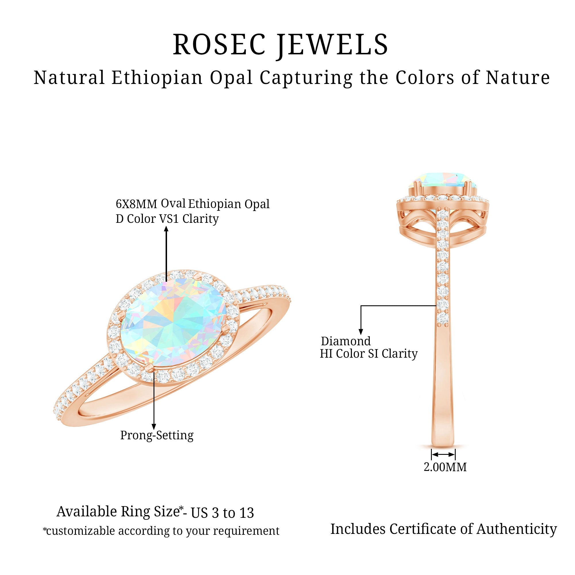 Genuine 6X8mm Oval Opalescent East West Engagement Ring with Diamond Halo