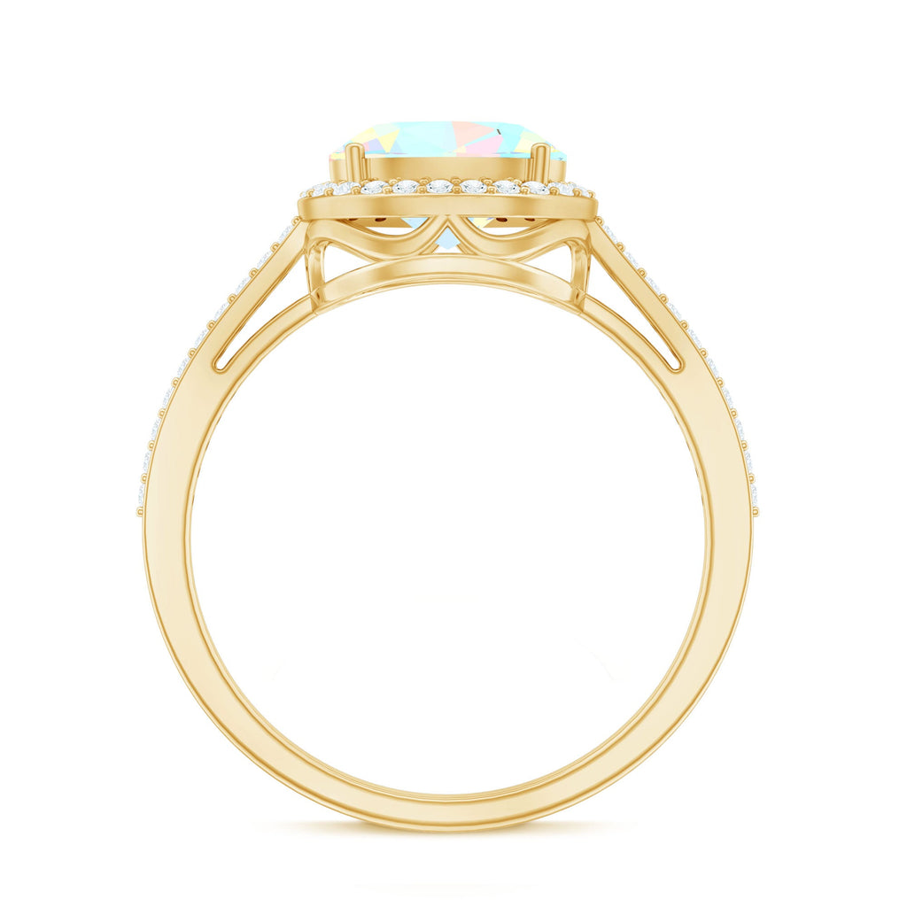 Genuine 6X8mm Oval Opalescent East West Engagement Ring with Diamond Halo