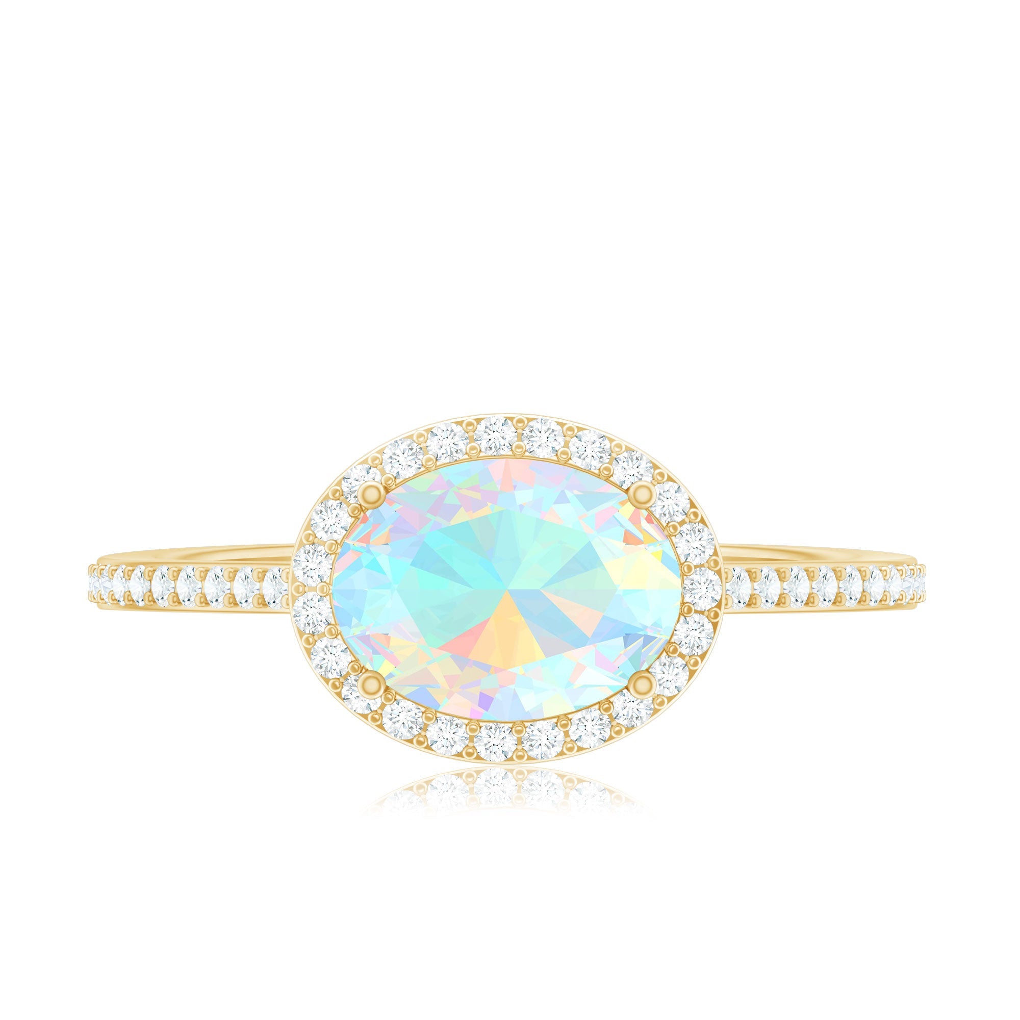 Genuine 6X8mm Oval Opalescent East West Engagement Ring with Diamond Halo