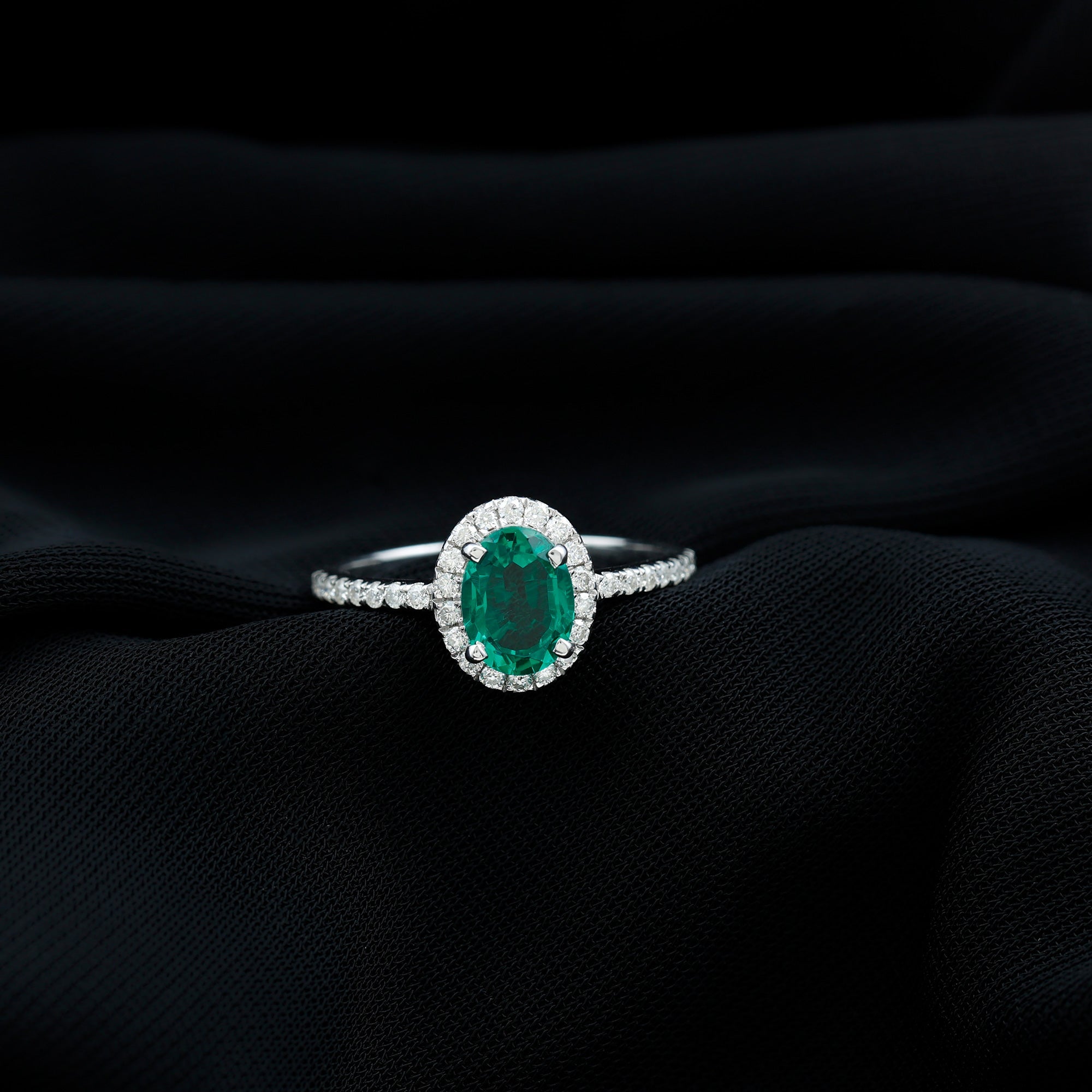 Classic Lab Grown Emerald Oval Engagement Ring with Diamond Halo