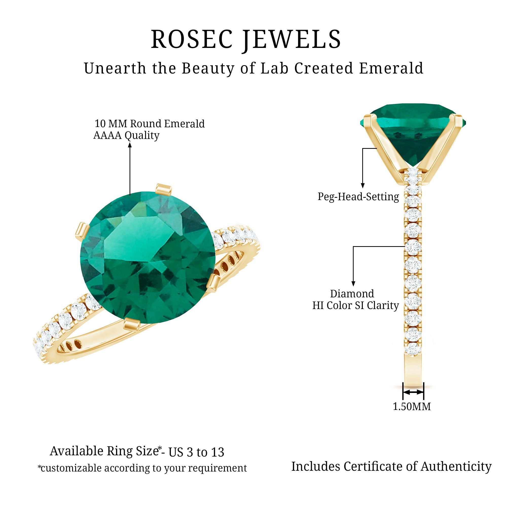 Certified 10 mm Lab Grown Emerald Huge Engagement Ring with Diamond