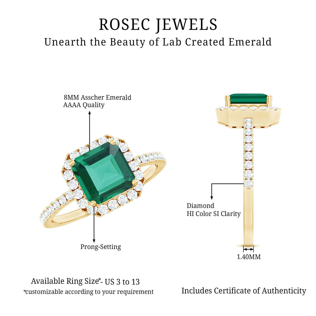 AAAA Quality Lab Created Emerald Asscher Cut Engagement Ring with Diamond