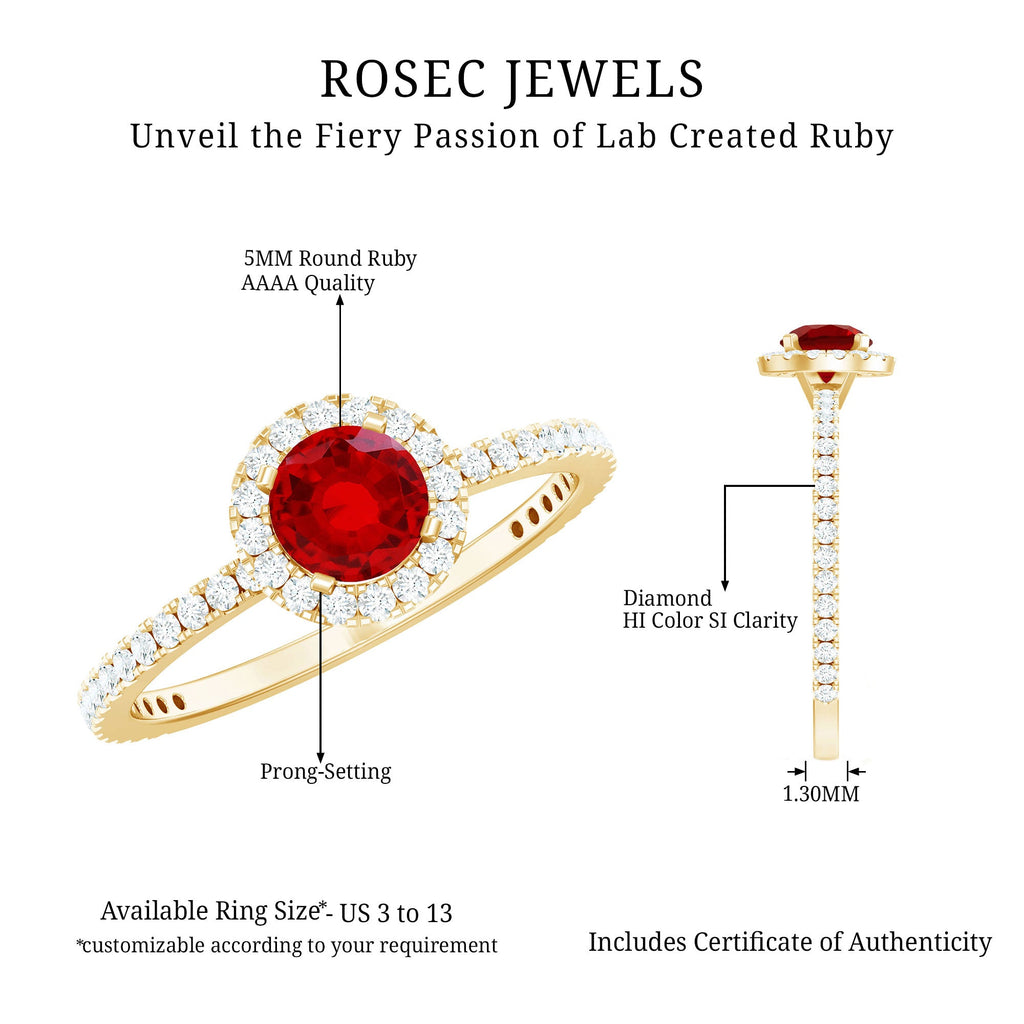 0.6 Carat Lab Created Ruby and Diamond Halo Engagement Ring