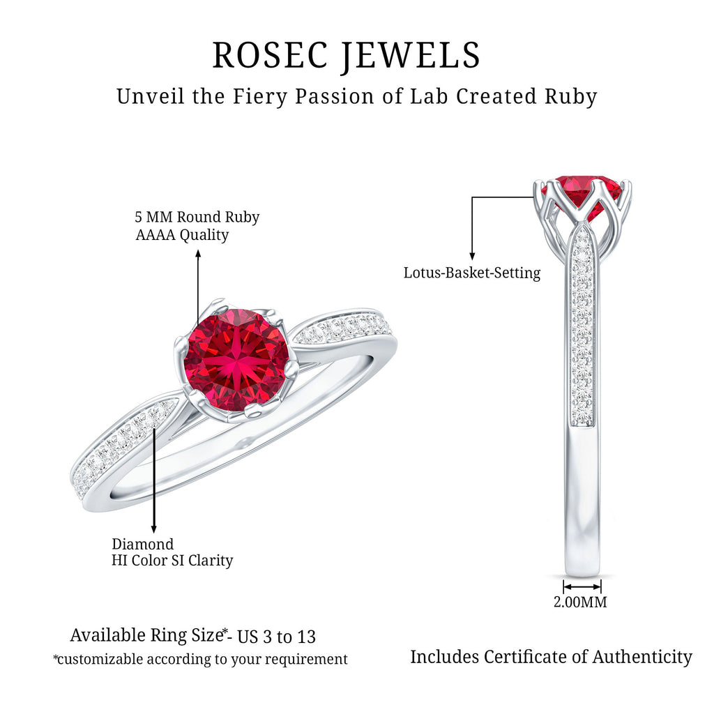 1 CT Round Shape Created Ruby Solitaire Engagement Ring with Diamond