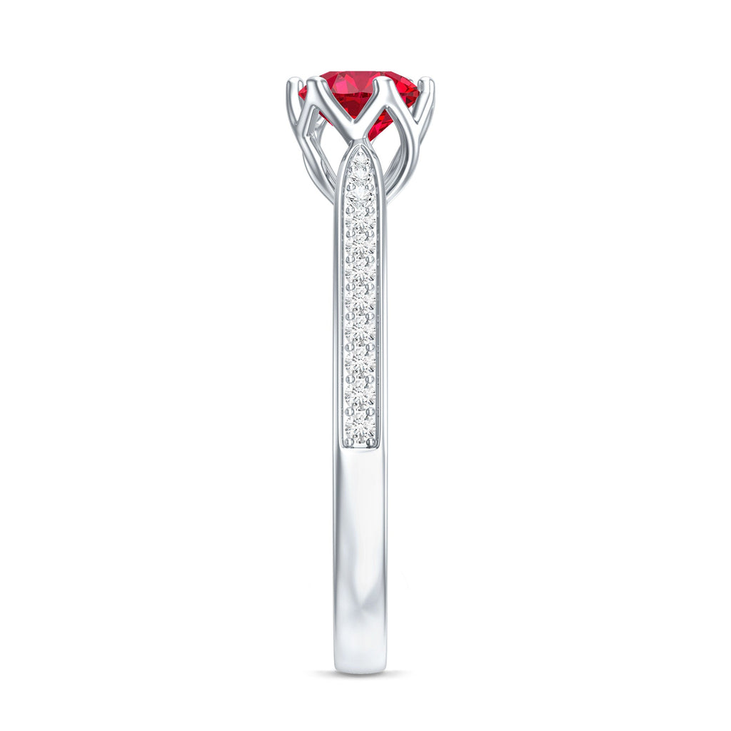 1 CT Round Shape Created Ruby Solitaire Engagement Ring with Diamond