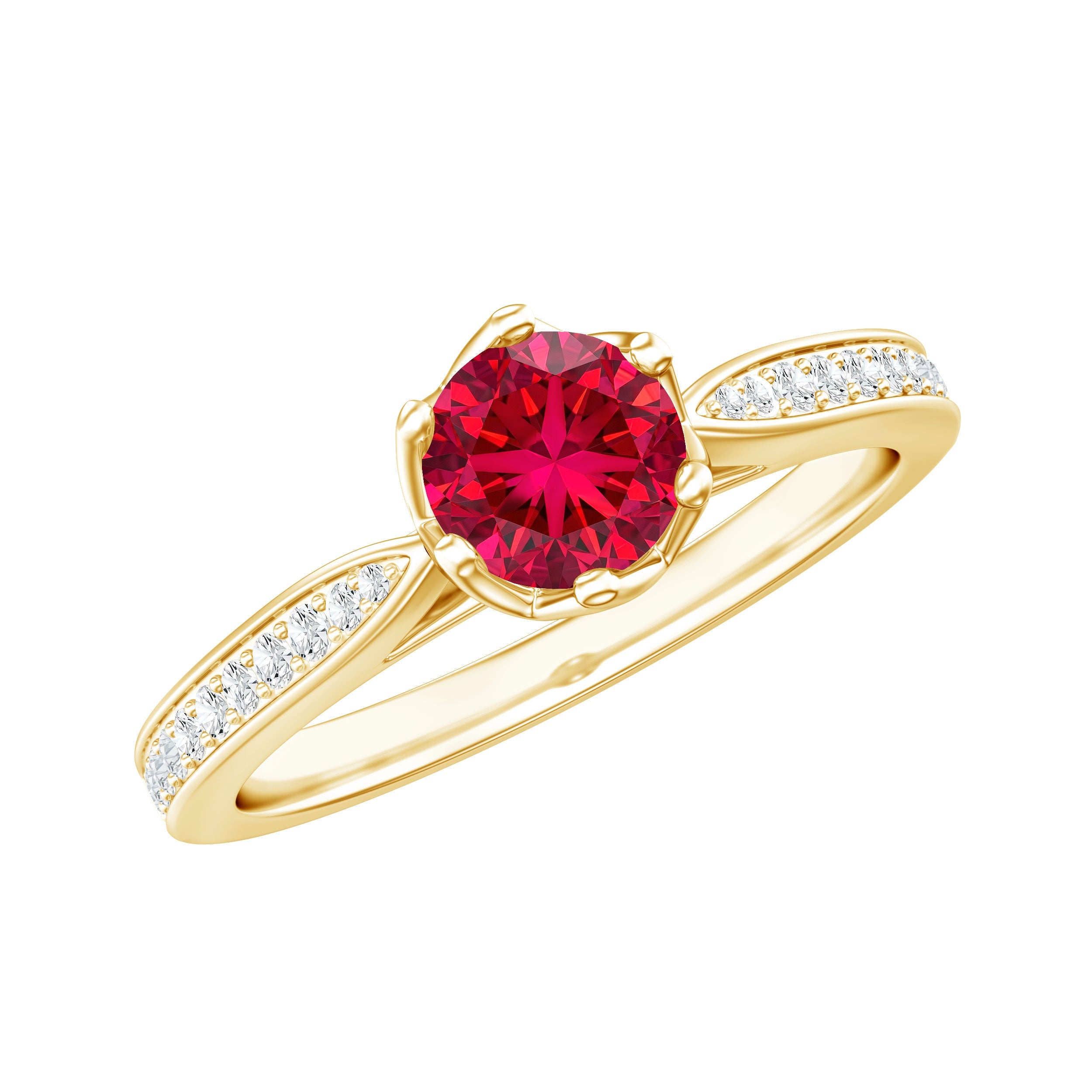 1 CT Round Shape Created Ruby Solitaire Engagement Ring with Diamond