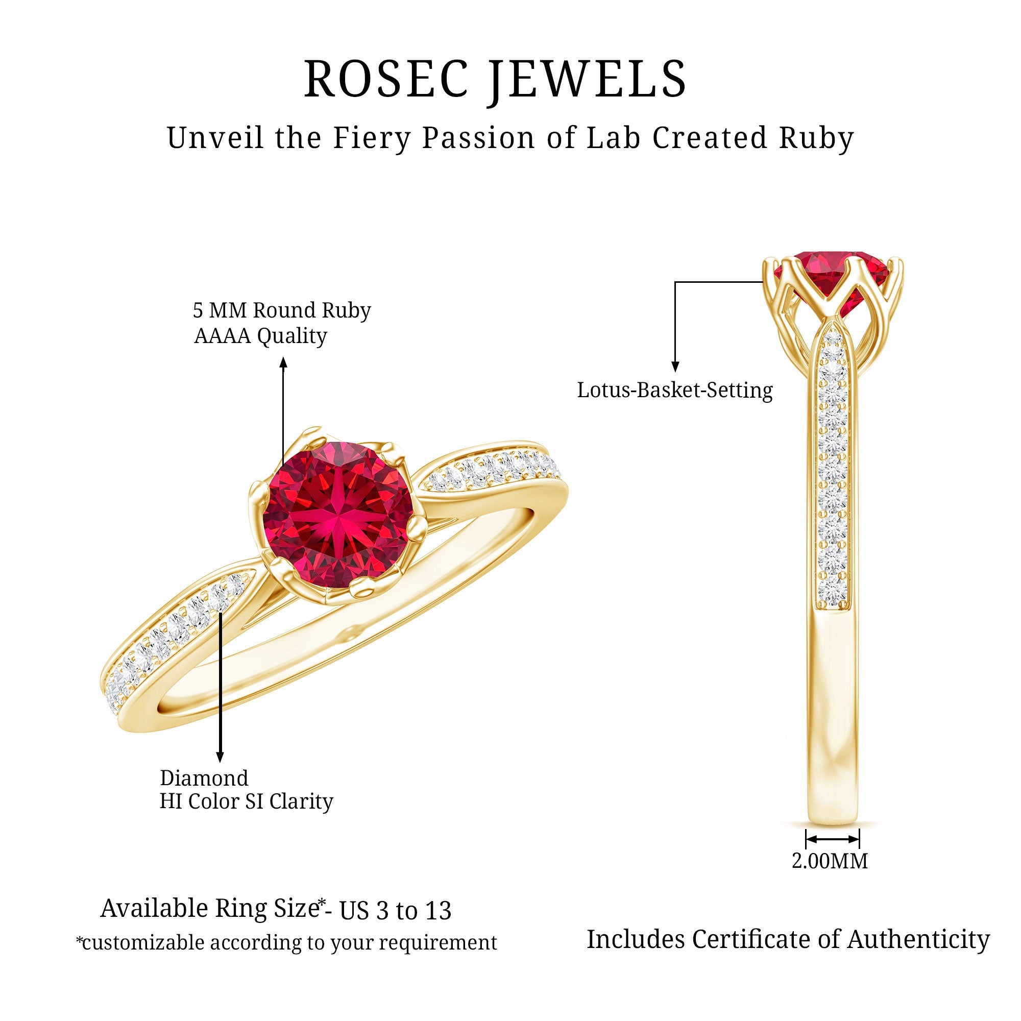 1 CT Round Shape Created Ruby Solitaire Engagement Ring with Diamond
