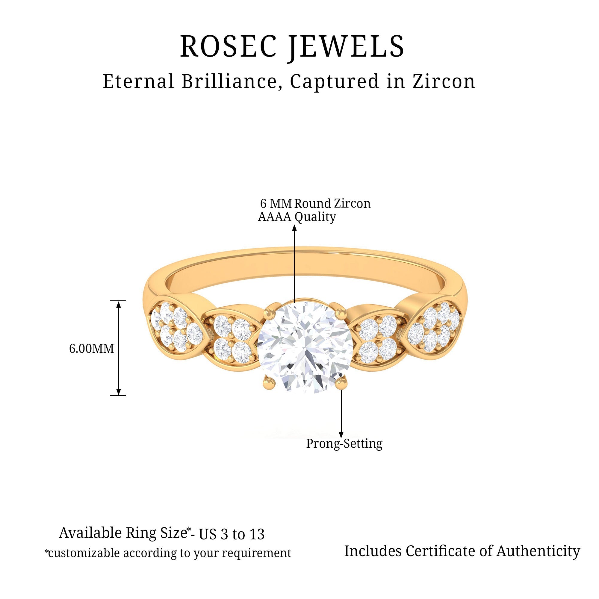 Classic Round Zirconia Engagement Ring with Side Stones