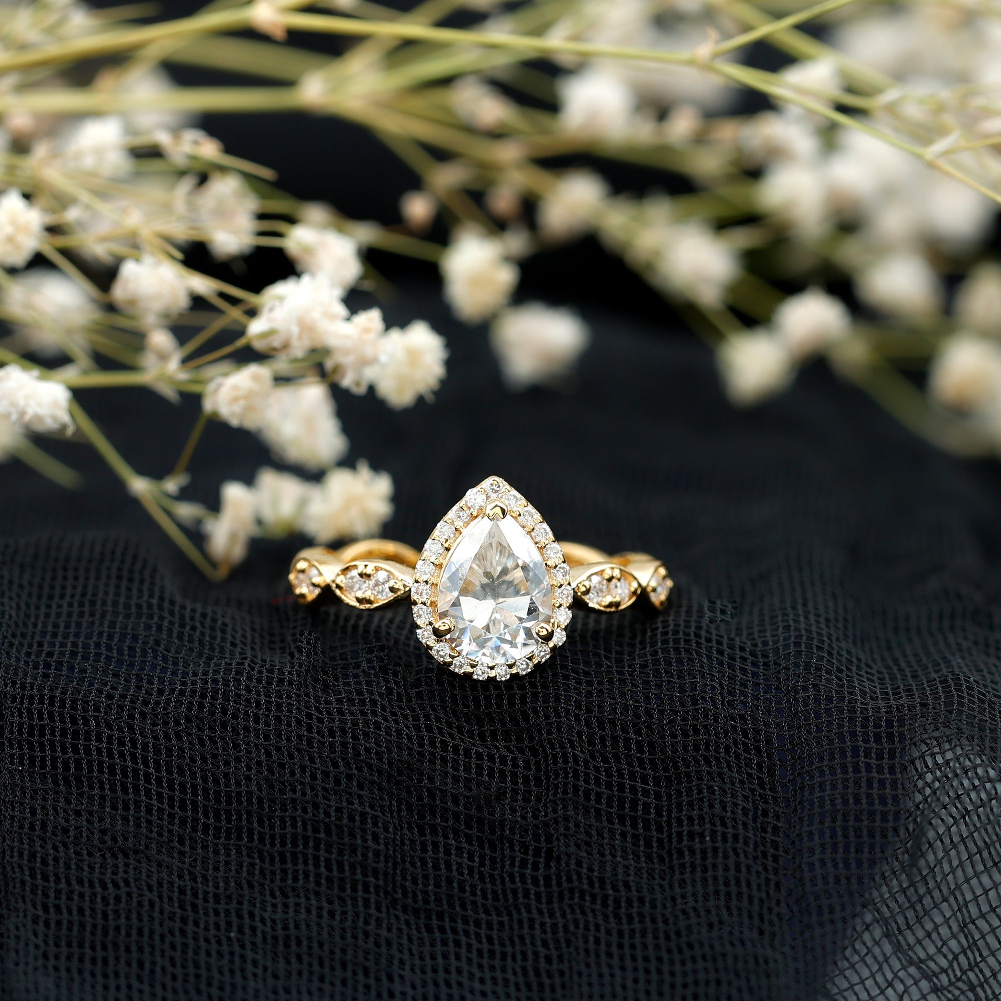 Cubic Zirconia Pear Halo Engagement Ring with Side Stones