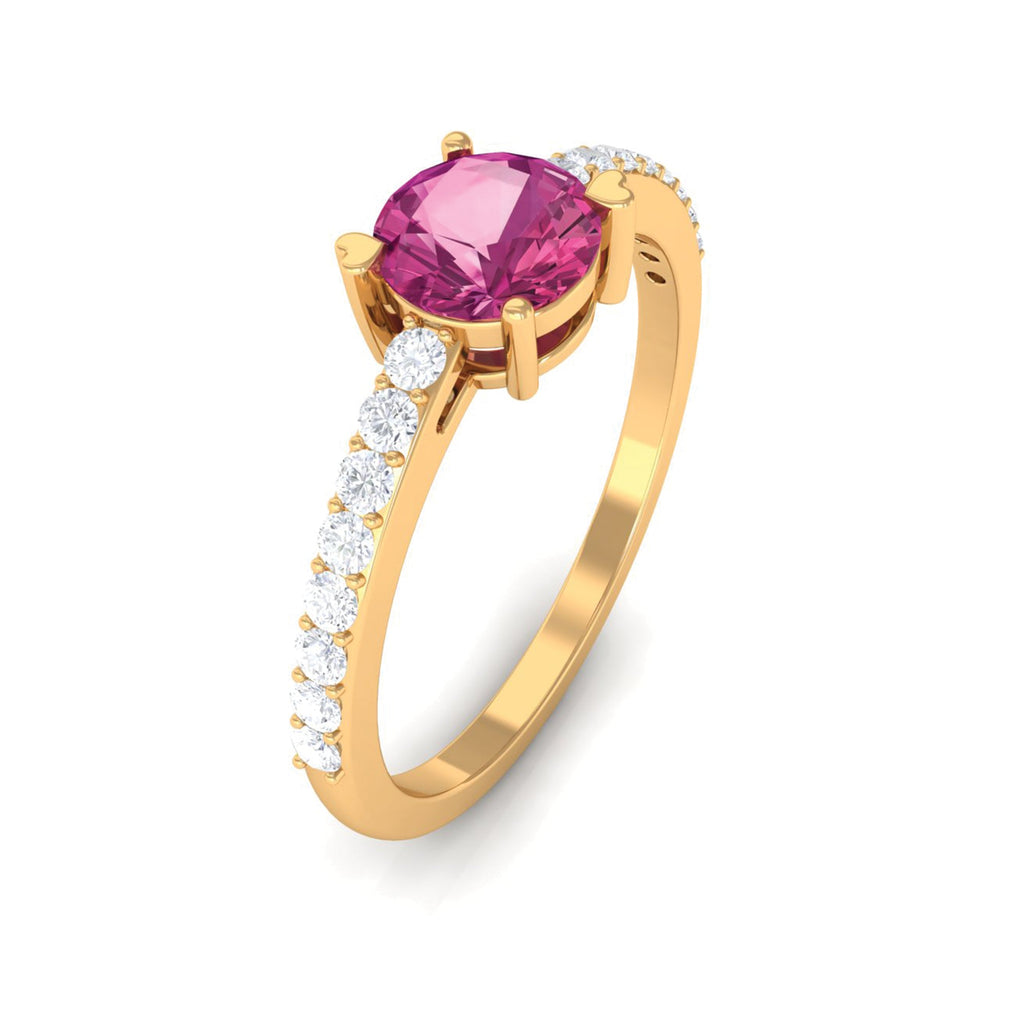 1 CT Real Pink Tourmaline Solitaire Promise Ring with Diamond Side Stones
