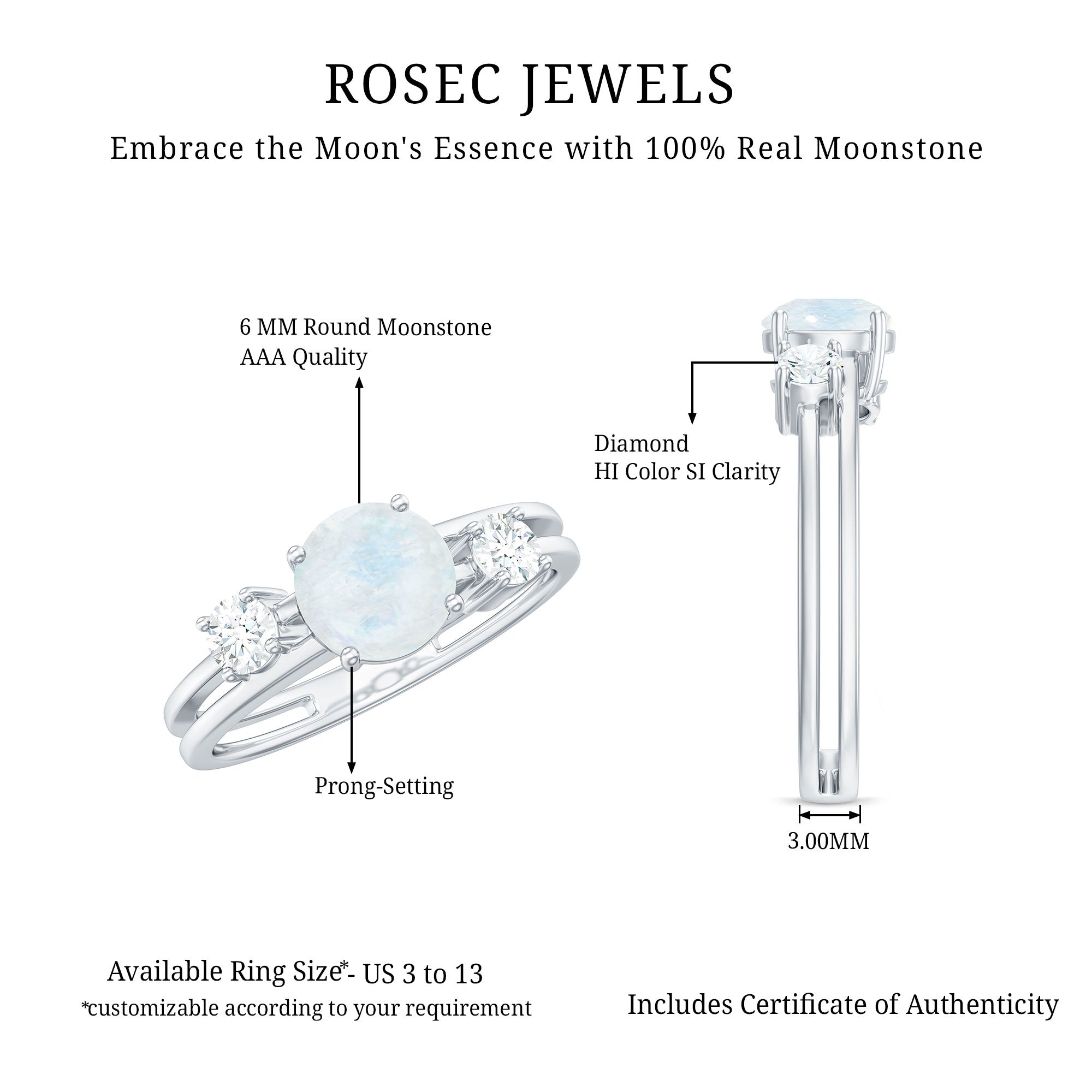 1/2 CT Moonstone Solitaire Double Band Ring with Diamond