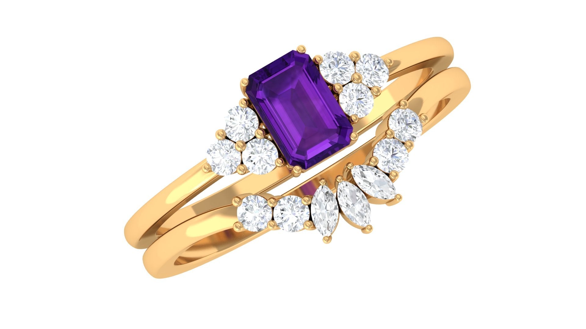1.4 Carat Amethyst Emerald Cut Engagement Ring with Diamond Wedding Band