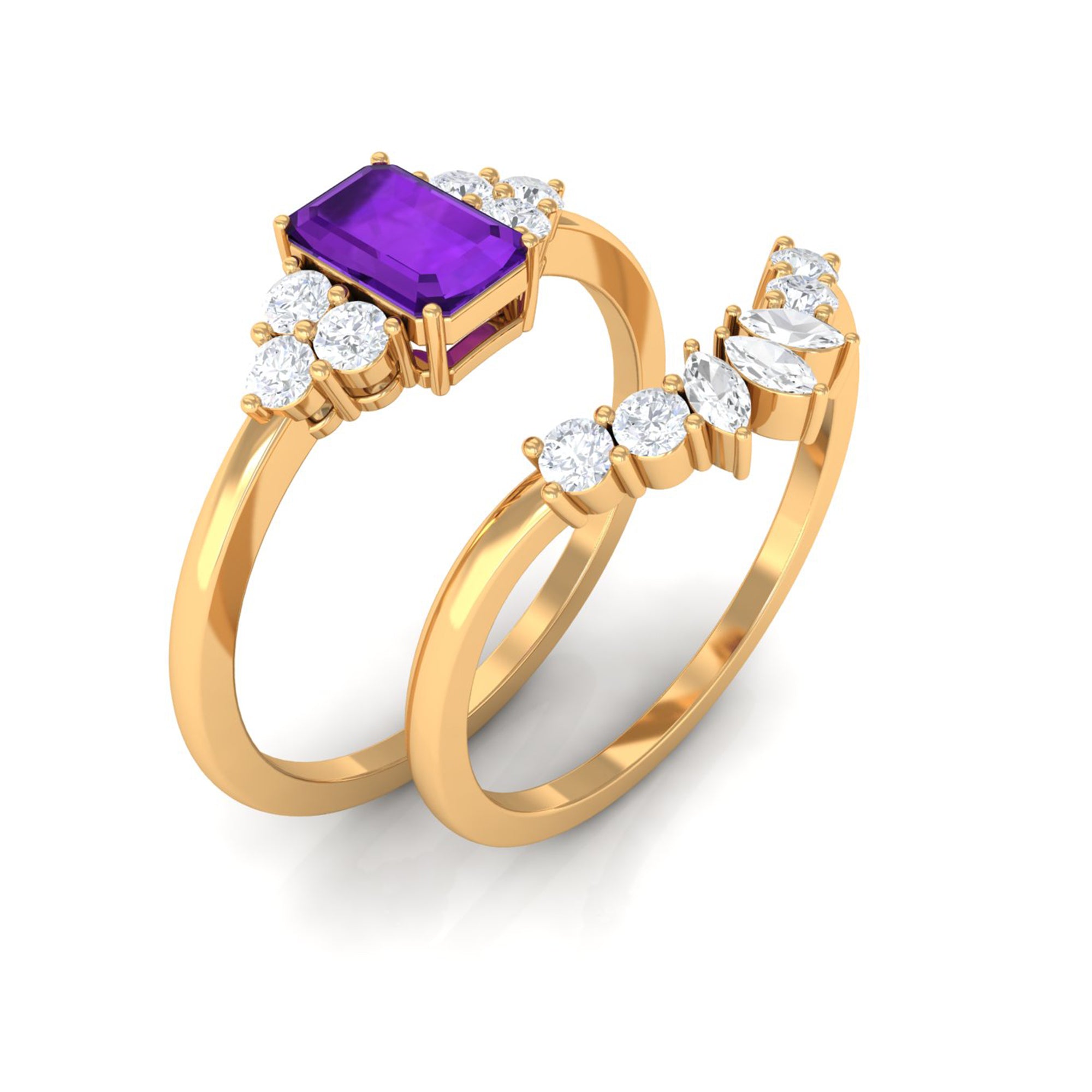 1.4 Carat Amethyst Emerald Cut Engagement Ring with Diamond Wedding Band