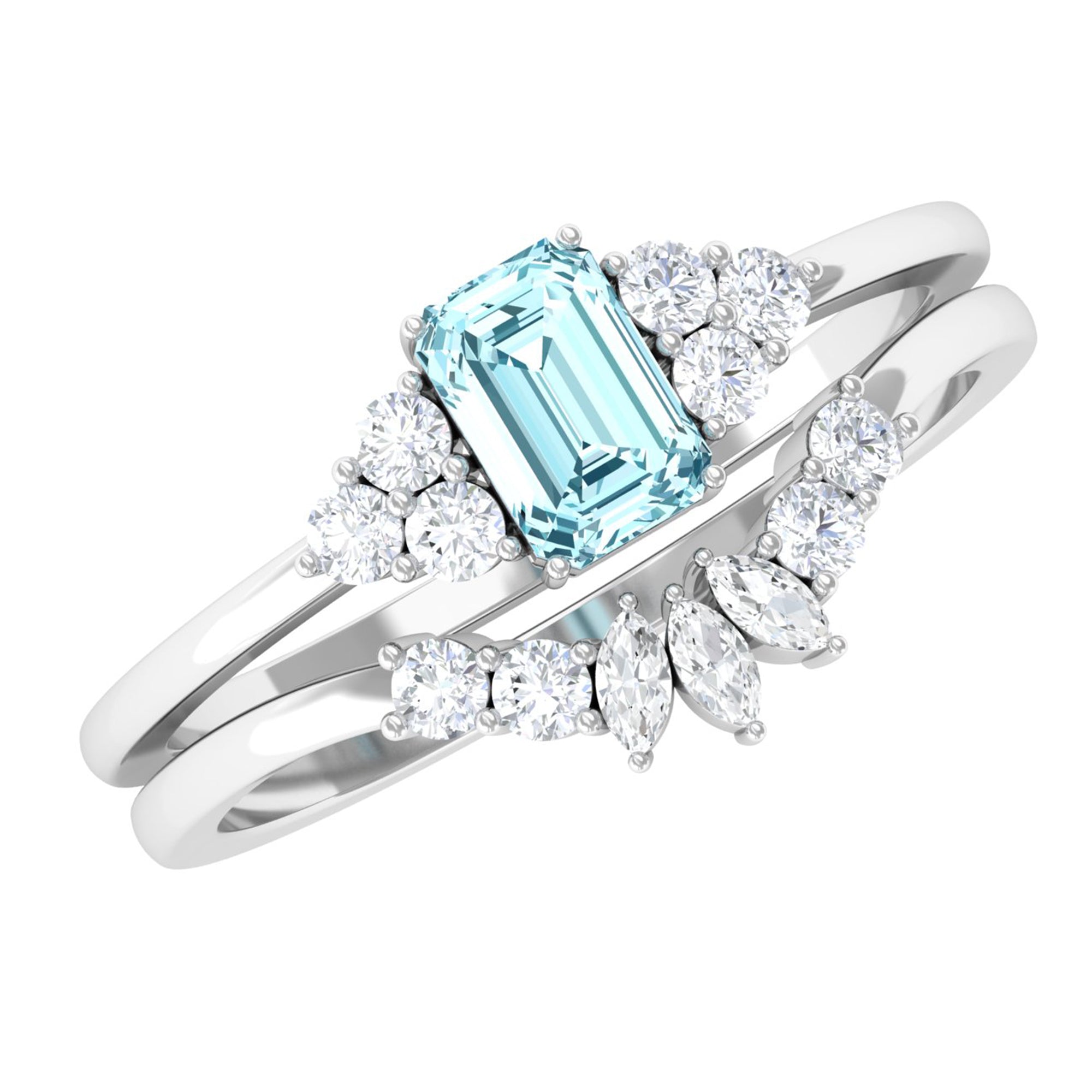 Natural Emerald Cut Aquamarine Marriage Ring Set with Diamond