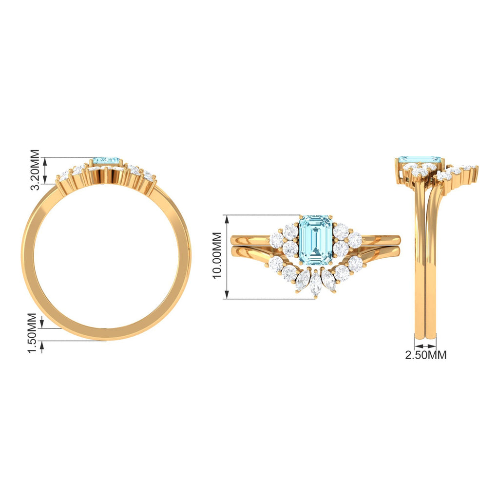 Natural Emerald Cut Aquamarine Marriage Ring Set with Diamond
