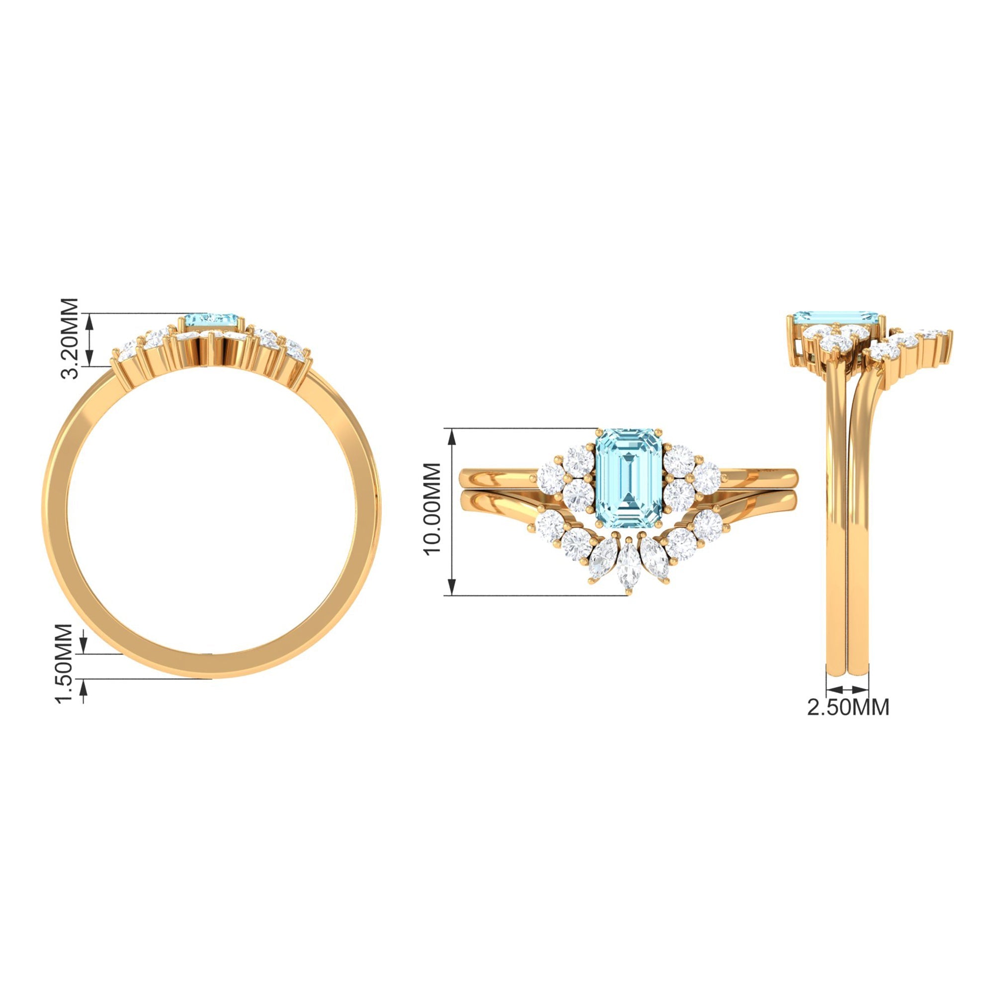 Natural Emerald Cut Aquamarine Marriage Ring Set with Diamond