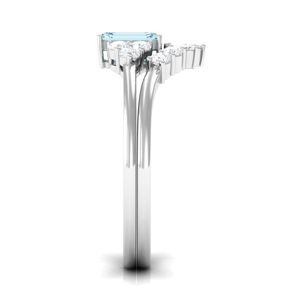 Natural Emerald Cut Aquamarine Marriage Ring Set with Diamond