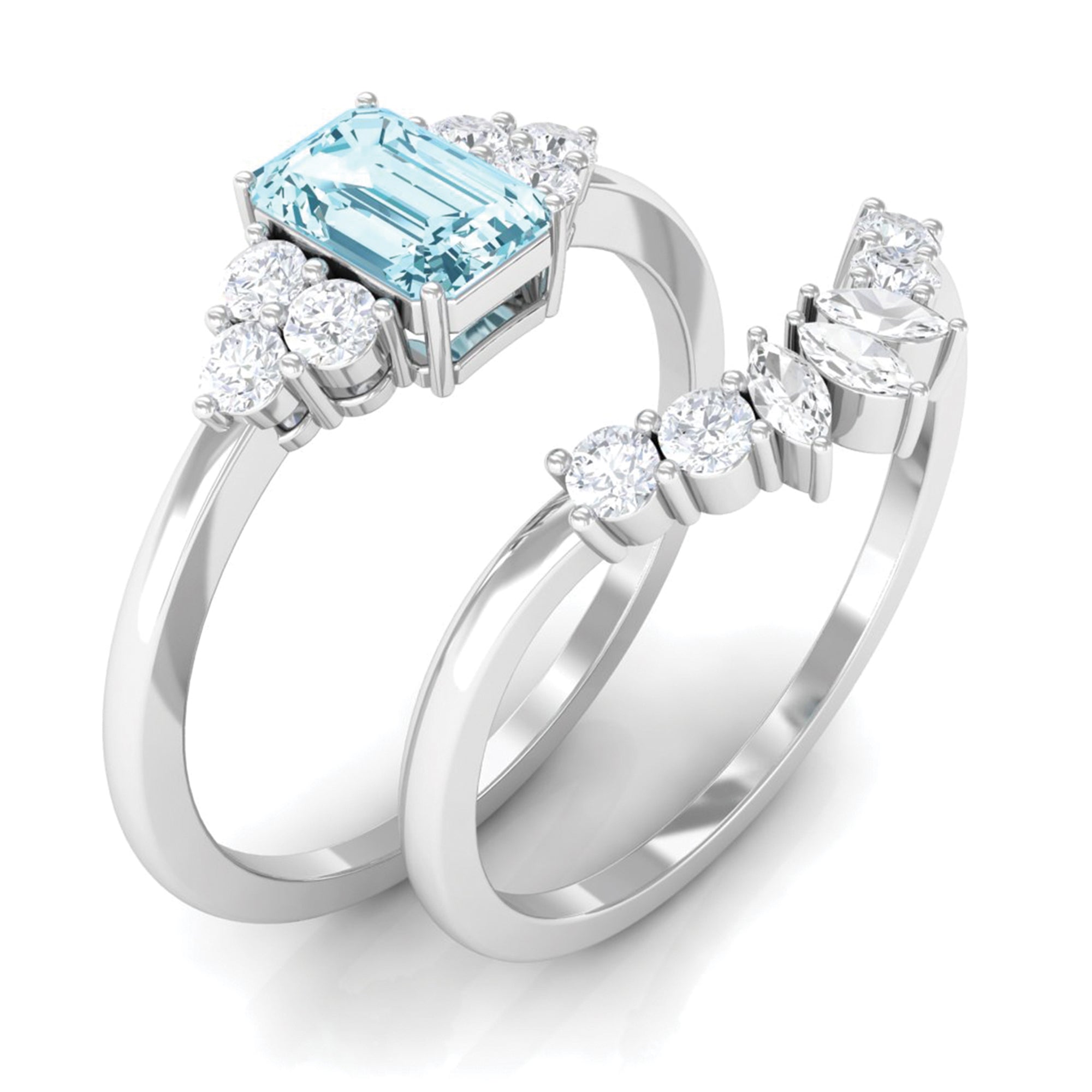 Natural Emerald Cut Aquamarine Marriage Ring Set with Diamond