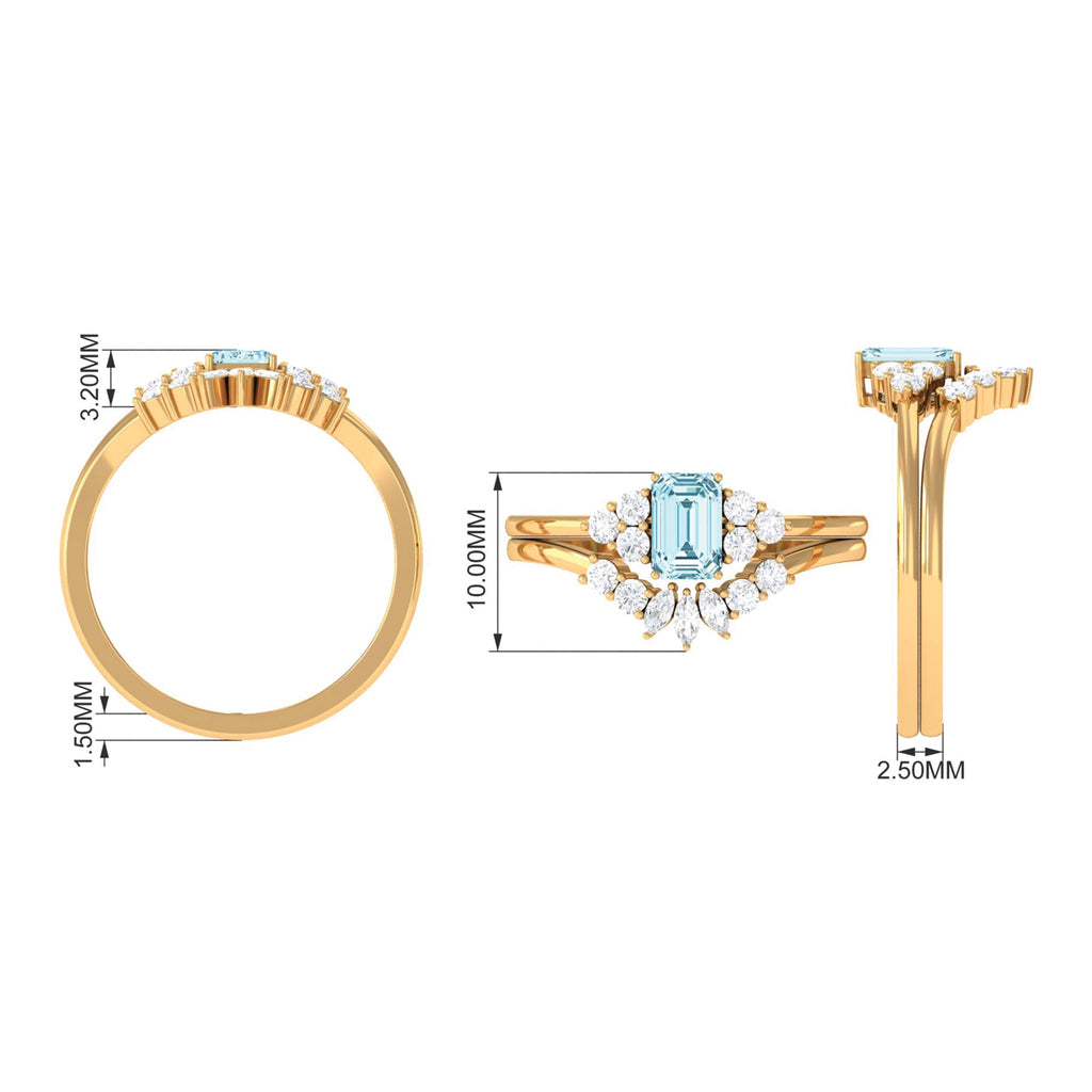 Natural Emerald Cut Aquamarine Marriage Ring Set with Diamond