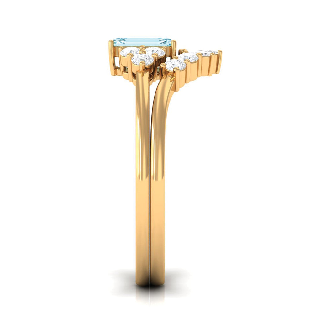 Natural Emerald Cut Aquamarine Marriage Ring Set with Diamond