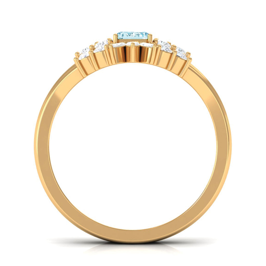 Natural Emerald Cut Aquamarine Marriage Ring Set with Diamond