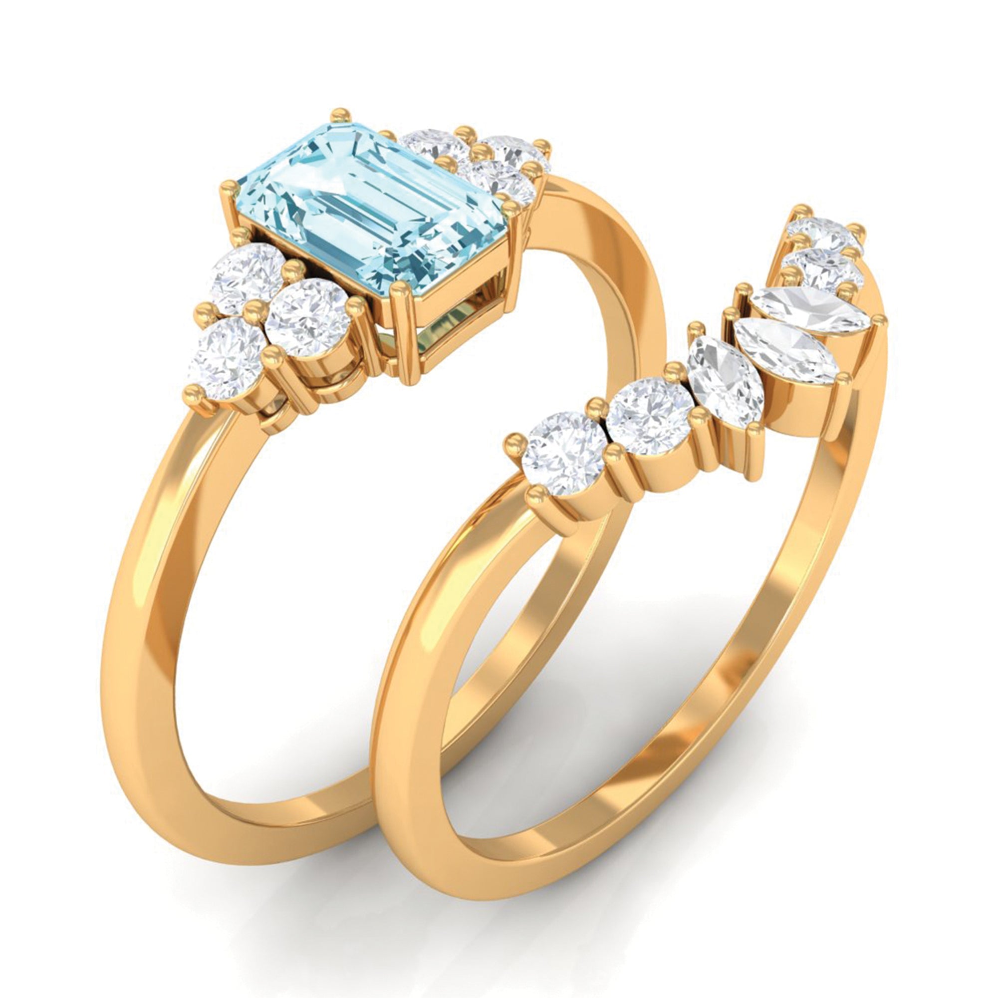 Natural Emerald Cut Aquamarine Marriage Ring Set with Diamond
