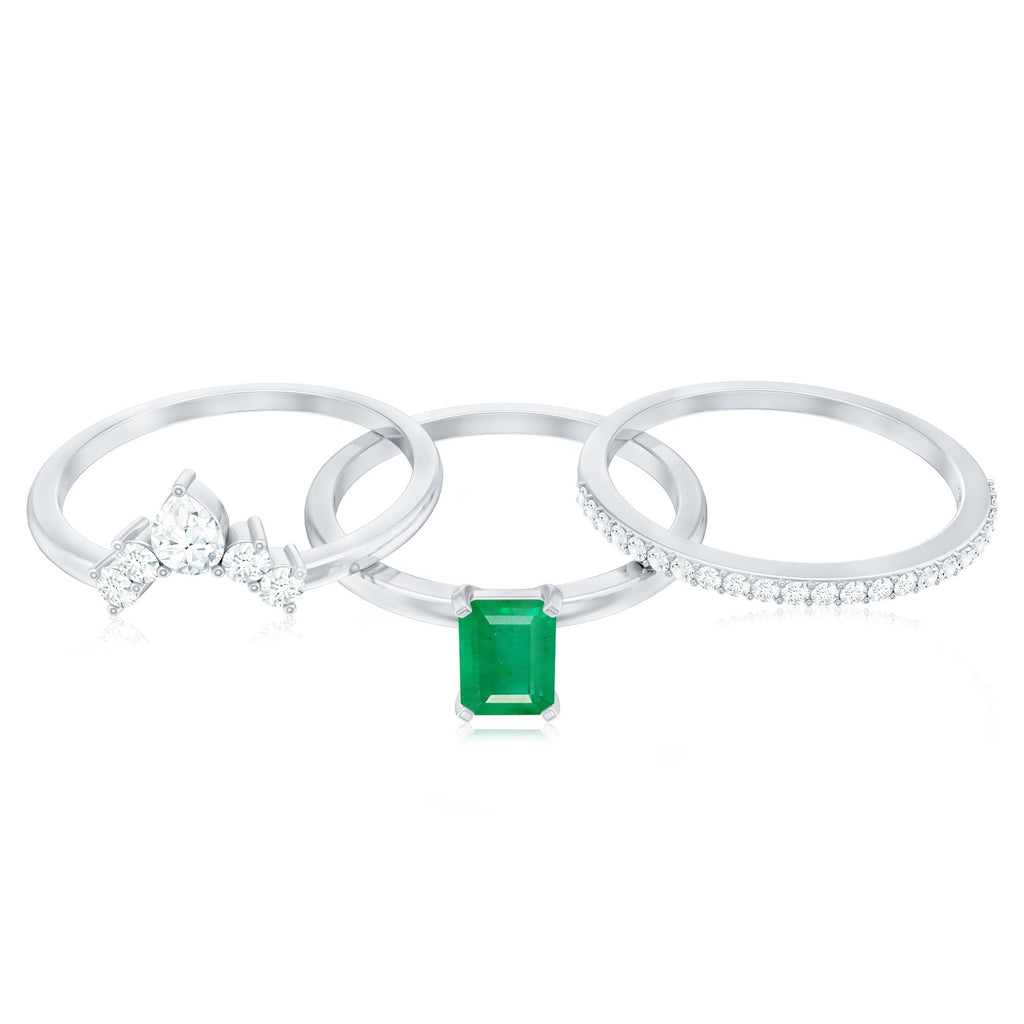 Natural Emerald Cut Emerald Diamond Bridal Ring Set of 3
