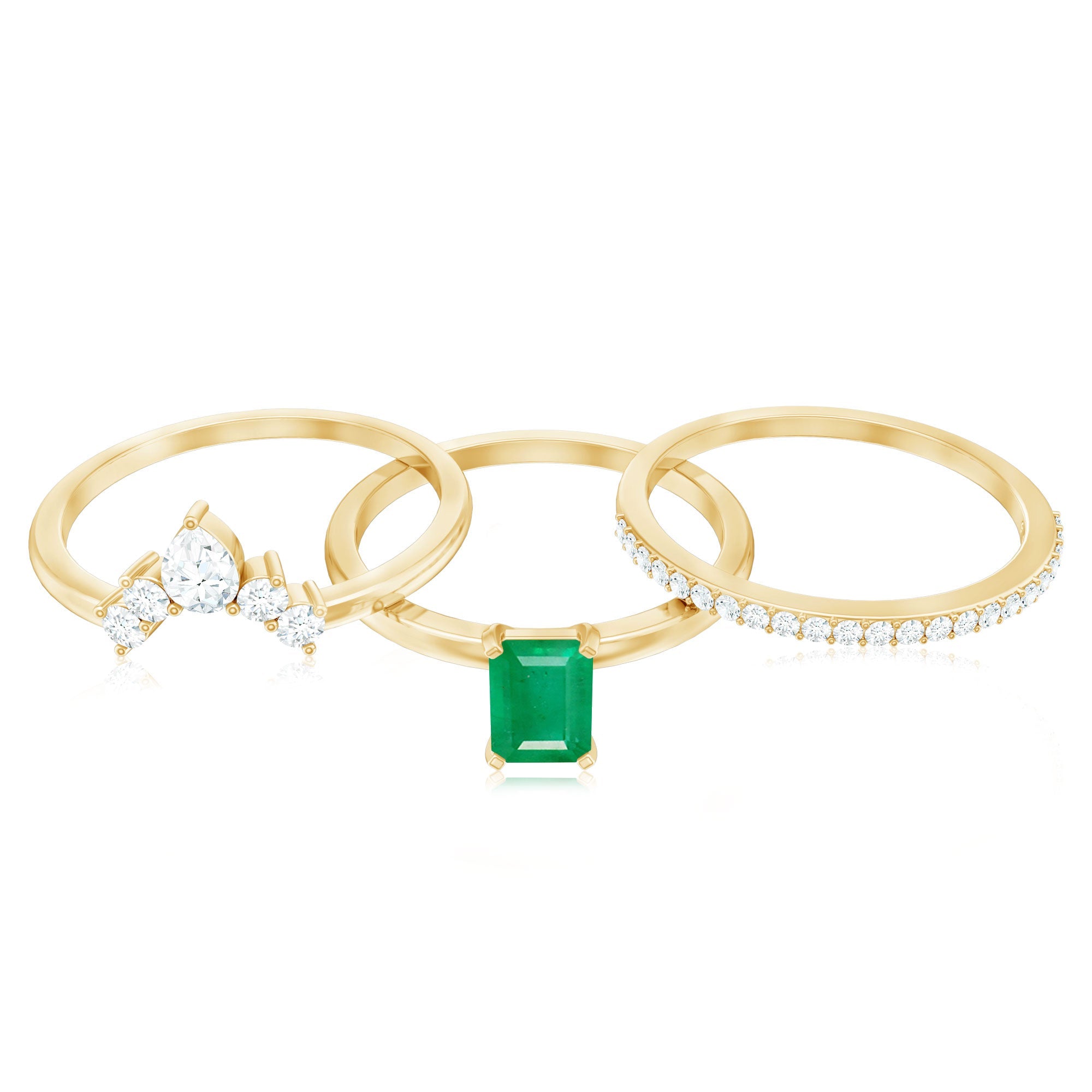 Natural Emerald Cut Emerald Diamond Bridal Ring Set of 3