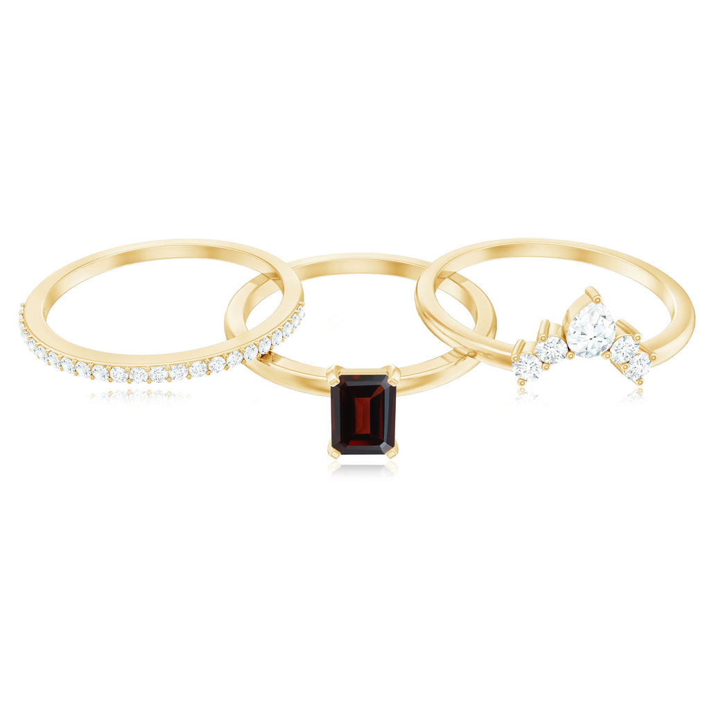 Natural Emerald Cut Garnet Diamond 3 Piece Wedding Ring Set