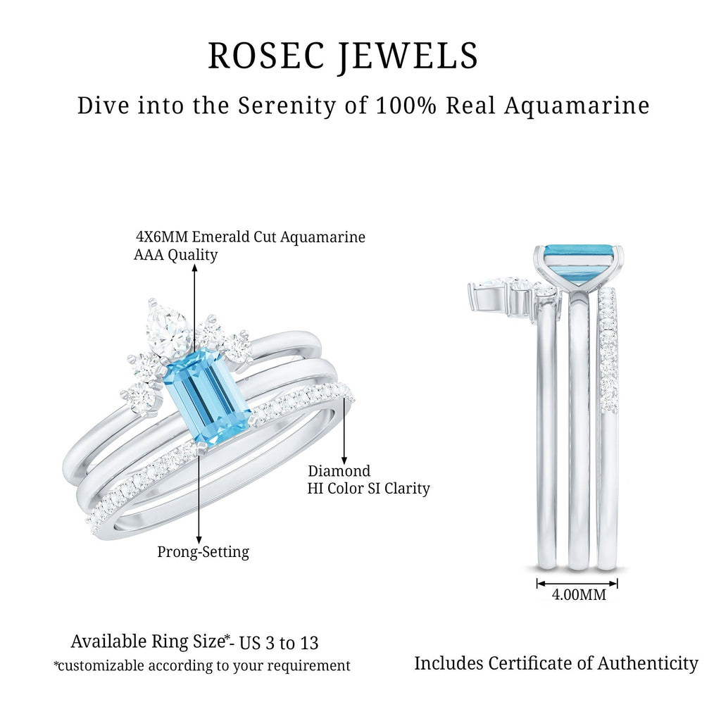 Emerald Cut Aquamarine Solitaire Ring Set of 3 with Diamond