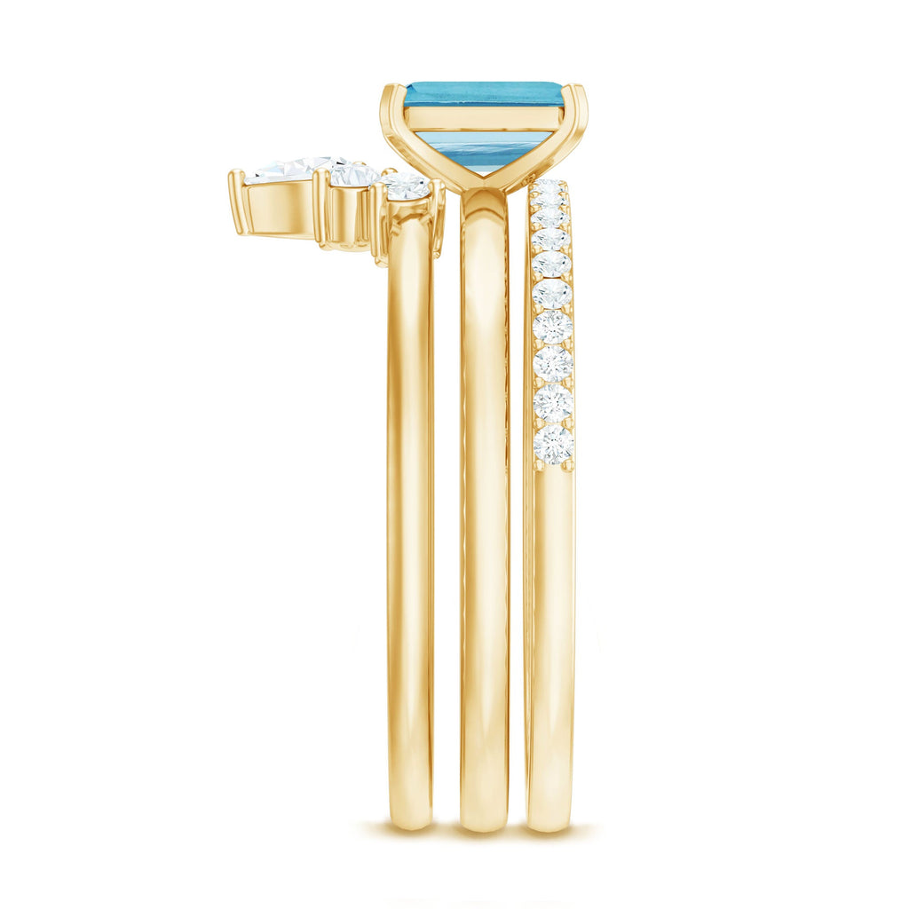Emerald Cut Aquamarine Solitaire Ring Set of 3 with Diamond