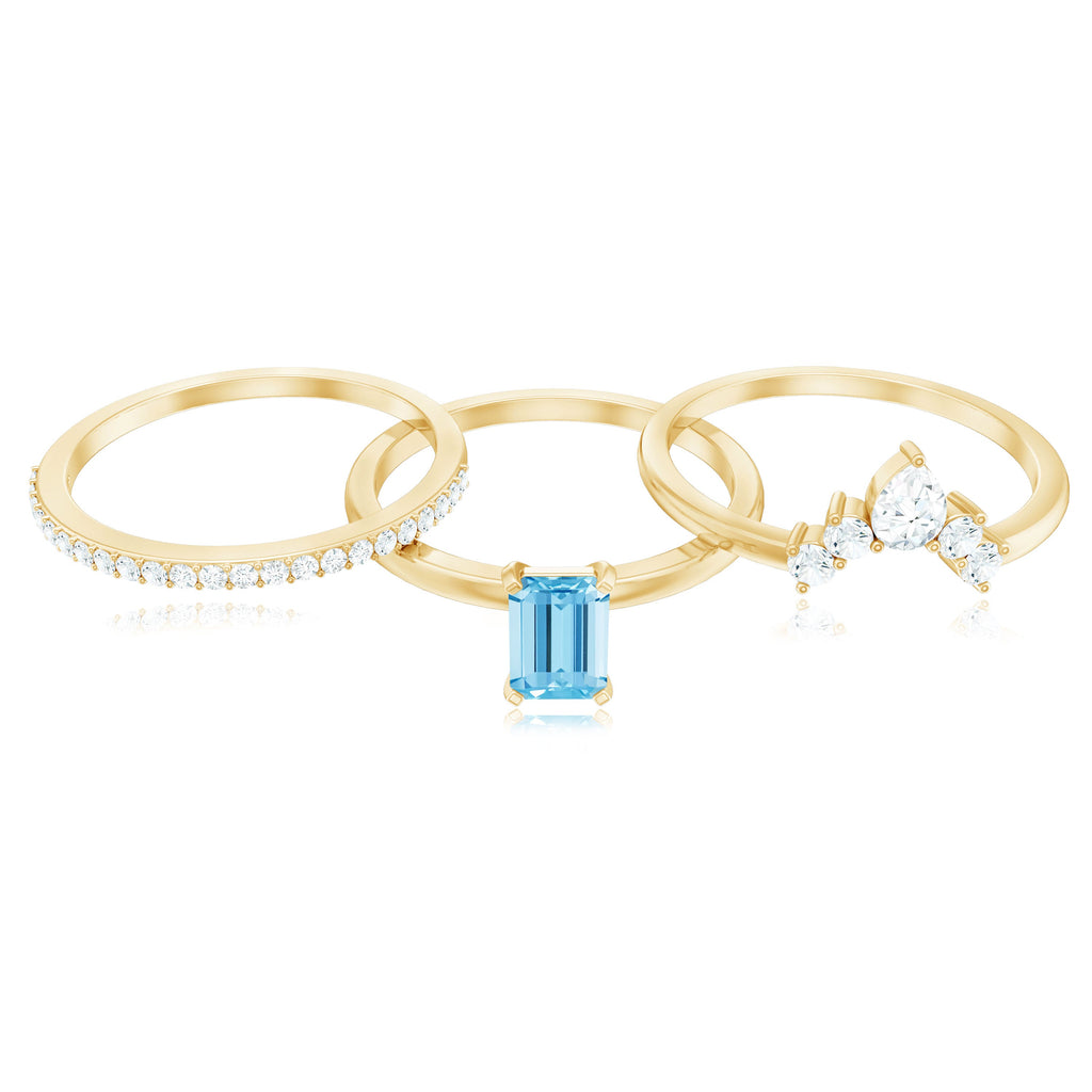 Emerald Cut Aquamarine Solitaire Ring Set of 3 with Diamond