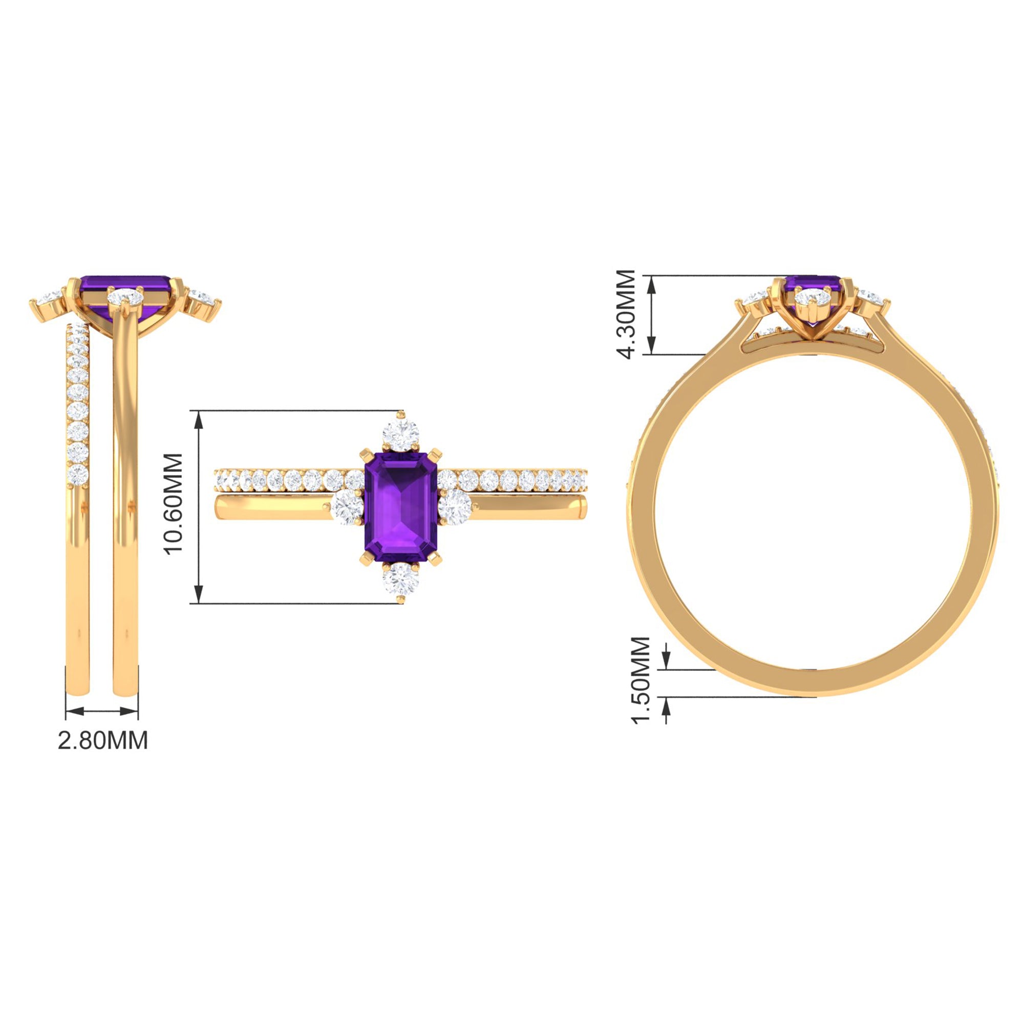 Real 1.4 Carat Amethyst Emerald Cut Engagement Wedding Ring Set with Diamond