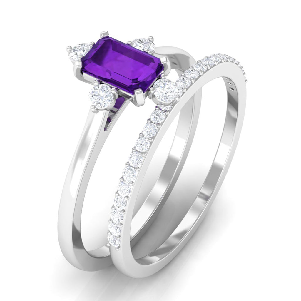 Real 1.4 Carat Amethyst Emerald Cut Engagement Wedding Ring Set with Diamond