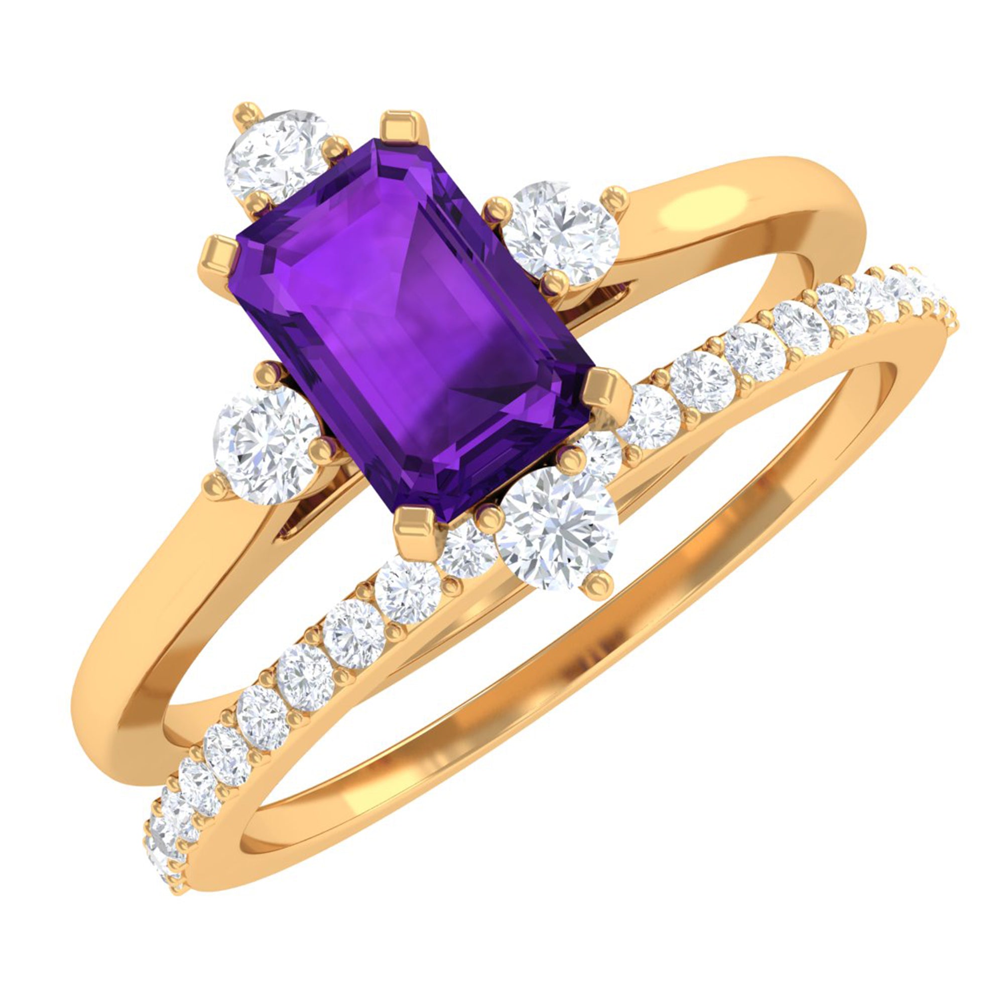 Real 1.4 Carat Amethyst Emerald Cut Engagement Wedding Ring Set with Diamond