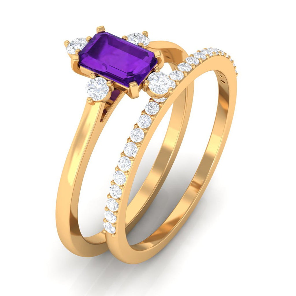 Real 1.4 Carat Amethyst Emerald Cut Engagement Wedding Ring Set with Diamond