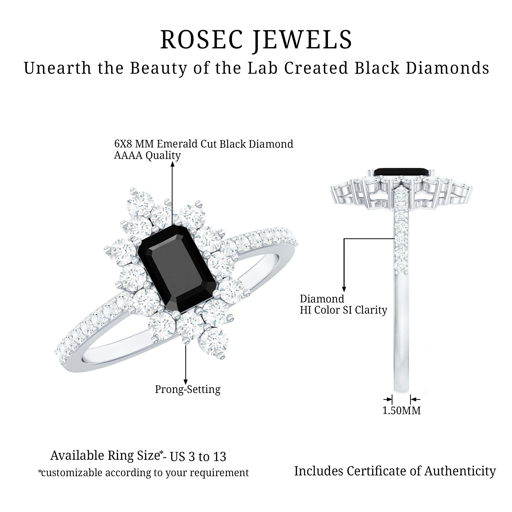 Vintage Style 1.6 Carat Lab Grown Black and White Diamond Emerald Cut Engagement Ring